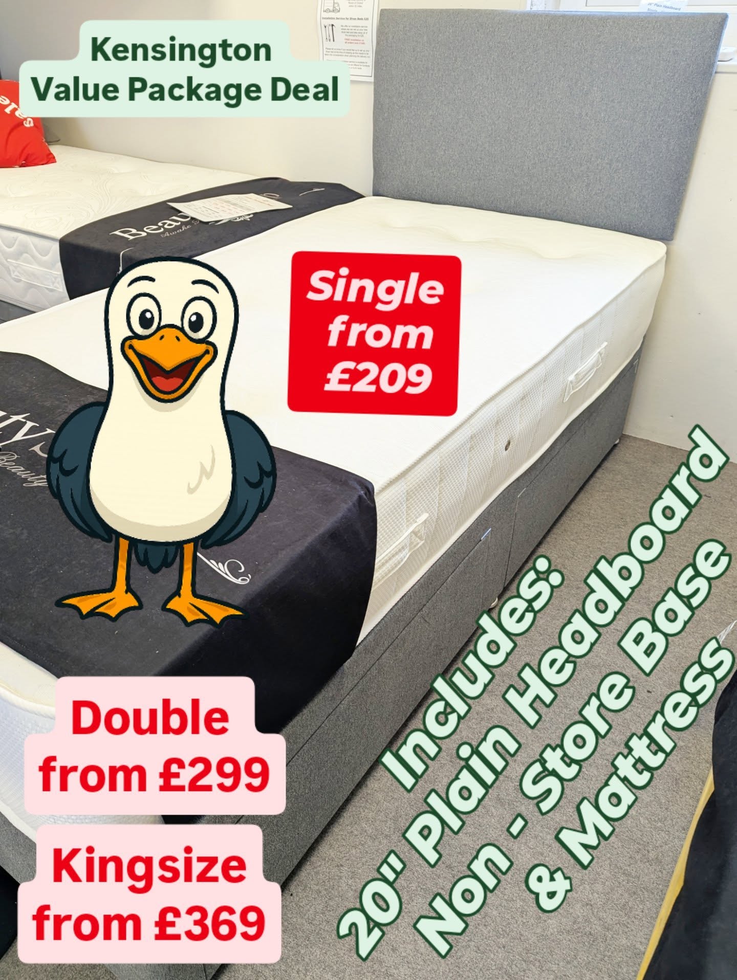 One of the great 'Value Package Deals' available in store. Shown here in a single but available in all sizes.
Come and try it out today.
Loads of colours to choose from. Upgrades available e.g. taller patterned style or floor standing headboard & drawer options..