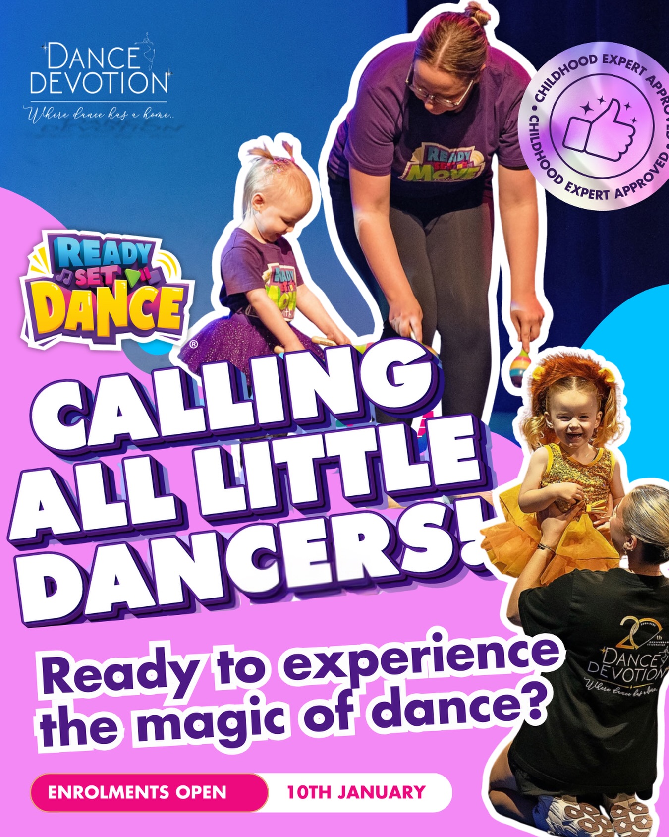 🪩 Calling all little dancers!
Looking for a fun, structured and age appropriate introduction to dance for your preschooler? 💜
Our Ready Set Dance program is a nationally recognised preschool dance program designed especially for children aged 2–5 years.
Through a combination of dance, music and movement, Ready Set Dance helps little ones develop confidence, coordination, creativity and social skills - all in a positive, nurturing and inclusive environment.
At Dance Devotion, our Ready Set classes are led by trained instructors and focus on:
🩰 Age-appropriate movement and foundational dance skills
🎶 Musicality, rhythm and listening skills
✨ Confidence, independence and imagination
🤍 Fun, encouragement and a love of movement
We’re so excited to welcome new families into our studio for 2026, and with some classes already close to full due to re enrolment, places are limited.
📅 Enrolments open this Saturday at 9am - 12pm
📍 Dance Devotion Studio, 1/8 Gilpin street Esperance
OR Enrol online - link will be released closer to the day!