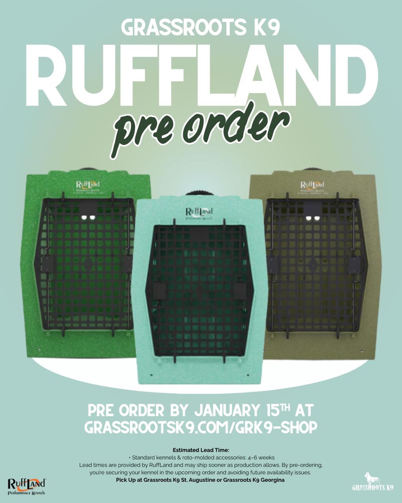 RuffLand Pre-Order
We are placing a RuffLand kennel & accessory order.
🗓 Pre-order deadline: January 15th
⏳ Estimated lead time:
• Standard kennels & roto-molded accessories: 4–6 weeks
📍 Pick-up:
Grassroots K9 St. Augustine or Grassroots K9 Georgina
Pre-ordering secures your items in this order.
🔗 Order here: grassrootsk9.com/grk9-shop