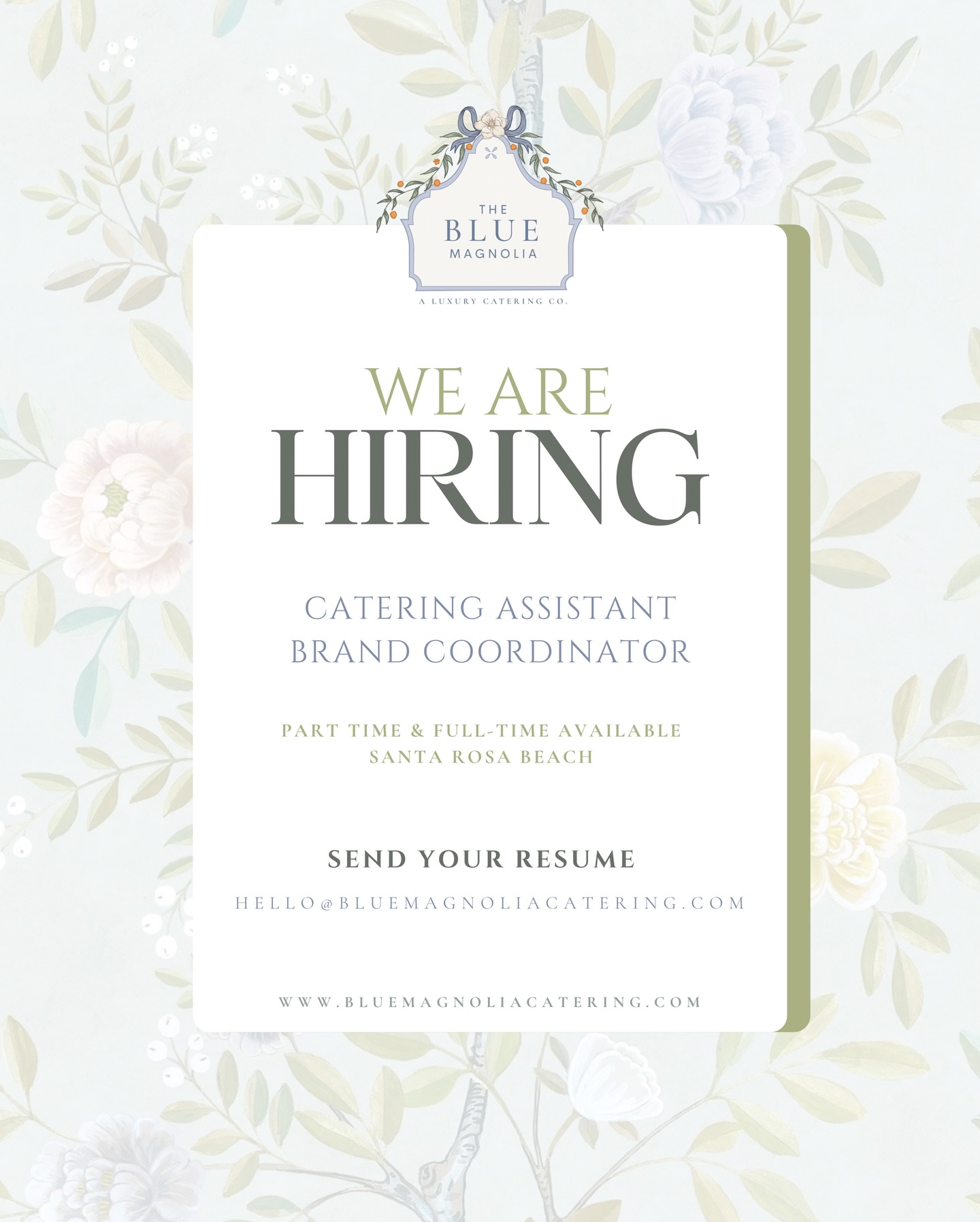We’re Hiring!
⠀⠀⠀⠀⠀⠀⠀⠀⠀
Blue Magnolia is a local catering company known for thoughtful hospitality, beautifully executed events, and a genuine love for bringing people together over deliciously prepared food. We take pride in our teamwork, professionalism, and the care we put into every detail, from prep to presentation. We’re looking for a Catering Assistant and Brand Coordinator to join our growing team.
⠀⠀⠀⠀⠀⠀⠀⠀⠀
Catering Assistant:
Support event execution and prep in a fast-paced, hands-on role that helps bring each Blue Magnolia experience to life.
⠀⠀⠀⠀⠀⠀⠀⠀⠀
Brand Coordinator:
Manage social media, calendars, and email while serving as a first point of contact for potential clients. This role may be onsite or offsite and blends creative and administrative work.
⠀⠀⠀⠀⠀⠀⠀⠀⠀
Ideal Candidate:
Reliable, professional, team-oriented, detail-driven, and adaptable. Comfortable with events, weekends, and varied hours, and passionate about hospitality.
⠀⠀⠀⠀⠀⠀⠀⠀⠀
If you’re looking to join a team that values pride in your work and genuine hospitality, we’d love to hear from you.
⠀⠀⠀⠀⠀⠀⠀⠀⠀
Apply by messaging us or emailing your resume to hello@bluemagnoliacatering.com.
⠀⠀⠀⠀⠀⠀⠀⠀⠀
We can’t wait to welcome you! 🤍