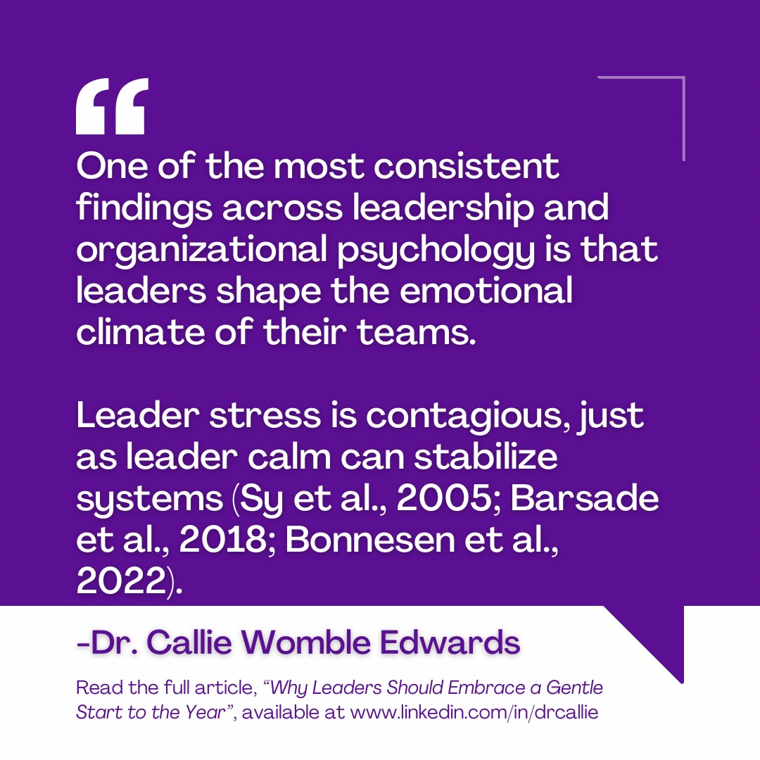 One of the most under-discussed leadership skills isn’t strategy, speed, or stamina; it’s nervous system regulation.
🧠✨ Research consistently shows that leaders shape the emotional climate of their teams. When leaders are dysregulated, stress spreads. When leaders are grounded, teams stabilize.
A regulated nervous system allows leaders to:
-Respond rather than react
-Hold uncertainty without transmitting panic
-Create psychological safety and trust
-Support sustained performance without burnout
This is something I’m intentionally practicing this January, resisting the urge to sprint out of the gate and instead leading from a place of groundedness.
As we begin the year, the question isn’t just what we lead, but how we show up while leading.
📖 Read more in my latest article, “Why Leaders Should Embrace a Gentle Start to the Year.” Available at LinkedIn.com/in/drcallie
What helps you stay grounded when work pressure mounts?
#LeadershipDevelopment #EmotionalIntelligence #PsychologicalSafety #SustainableLeadership #NervousSystemRegulation