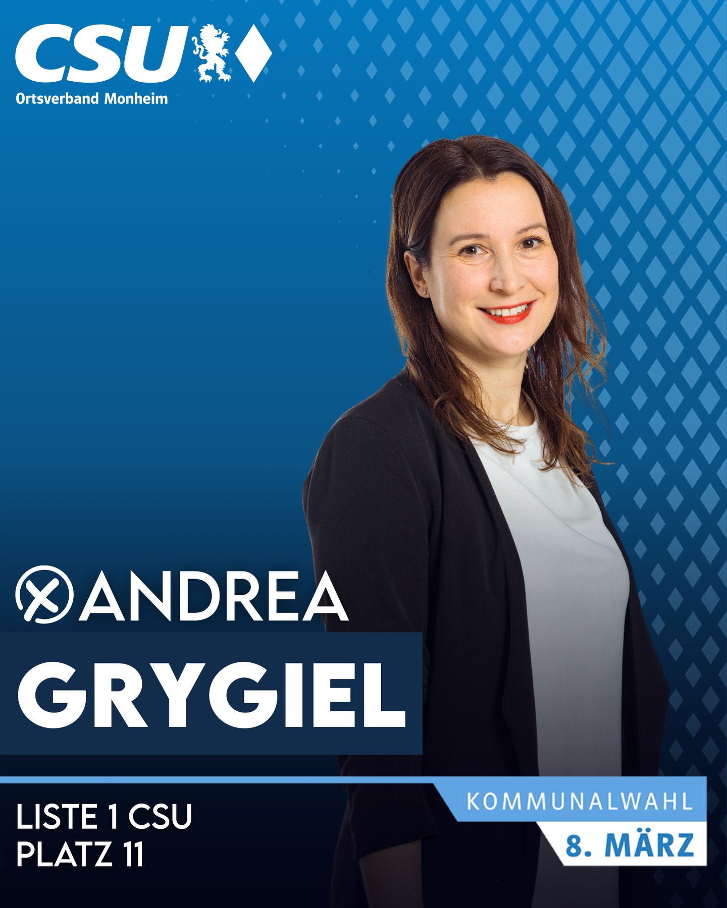 📣Wir stellen vor für den Stadtrat:
👤 Andrea Grygiel
🎂 39 Jahre | 💍 verheiratet
🎓 Schulpsychologin
🏡 Monheim
🤸♀️ Übungsleiterin Kinderturnen TSV Monheim
👨👩👧👦 Elternbeirat Kindergarten
📚 Lesen
🎶 Musizieren
🏃♀️ Sport
🗳 Kommunalwahl 8. März
➡️ Liste 1 CSU – Platz 11
#csu #monheim #bayern #stadtrat #kommunalwahl