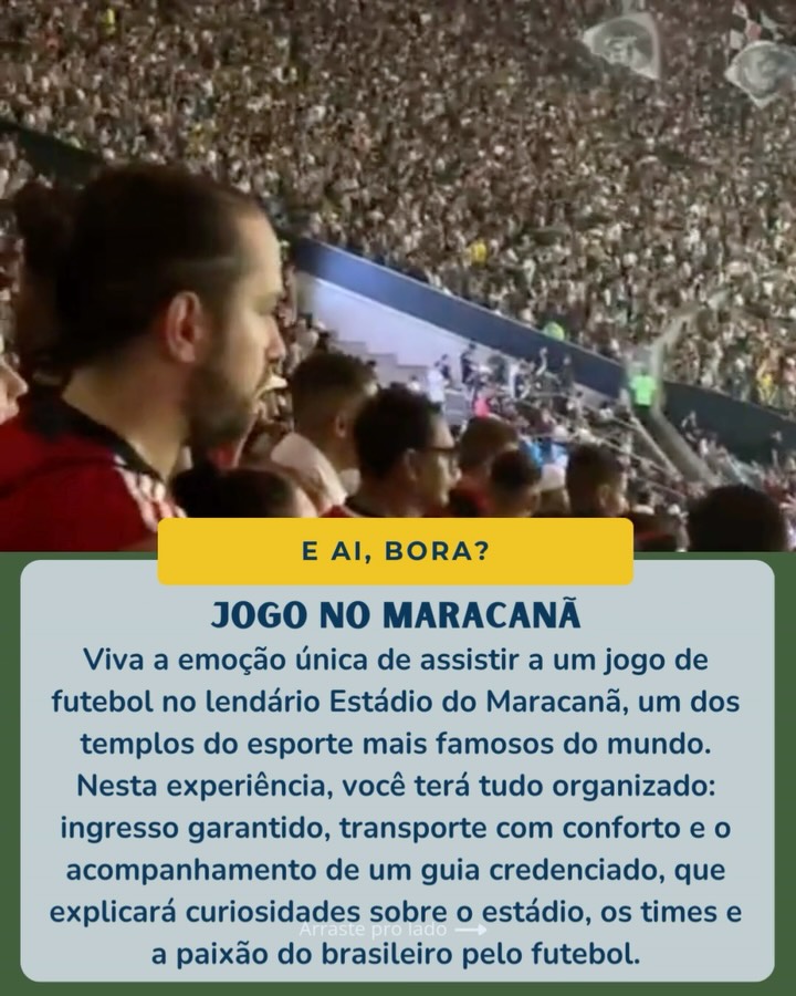 Assistir a um jogo no Maracanã não é só ver futebol. É sentir a energia, ouvir o canto da torcida, vibrar a cada lance e entender por que esse estádio é um dos templos do esporte mundial.
A Rodrigo Índio Tours te convida para viver essa experiência de forma autêntica e segura. Desde a chegada ao estádio até o apito final, você mergulha na cultura carioca, nas histórias, nas cores e na paixão que fazem do Maracanã um lugar único.
É emoção do começo ao fim. O estádio pulsando, a arquibancada em festa e você fazendo parte desse momento. Não importa se você é fanático por futebol ou apenas curioso para entender o Brasil de verdade. Aqui, todo mundo sente.
Vem viver o futebol como ele é. De perto, com emoção e com a energia que só o Maracanã tem. Pela Rodrigo Índio Tours.
#futebol #futebolbrasileiro #maracanã #flamengo #fluminense