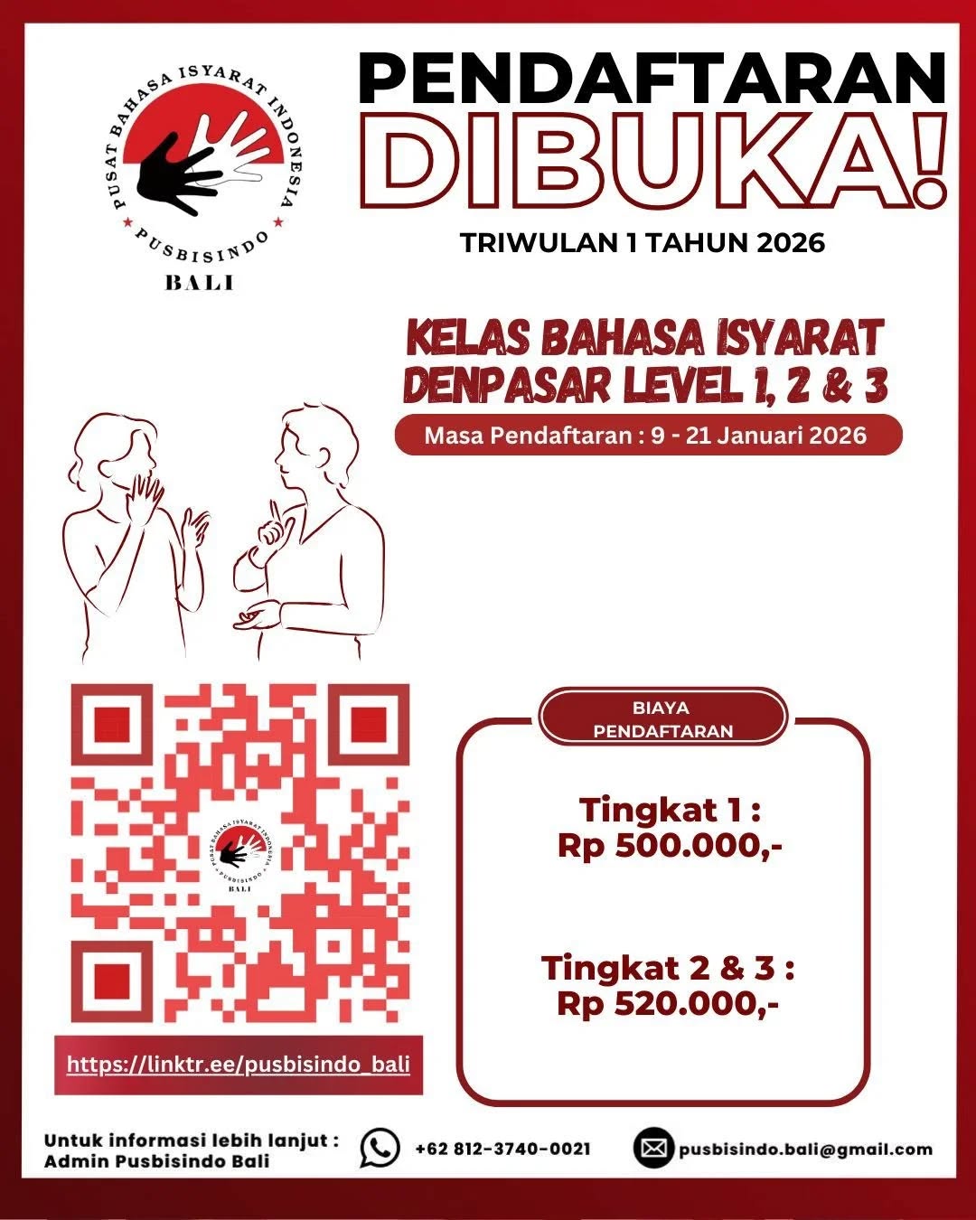 Pendaftaran Kelas Reguler Bahasa Isyarat Indonesia (Bisindo) untuk area Bali sudah dibuka! ๐ฅณ
Ingin merasakan serunya belajar Bahasa Isyarat Indonesia (Bisindo) langsung dari Guru Tuli berpengalaman? Yuk, daftarkan dirimu sekarang dan jadi bagian dari komunitas yang inklusif!
๐ Apa yang kamu dapatkan?
โ
Diajarkan langsung oleh Guru Tuli berpengalaman
โ
Pilihan jadwal kelas: pagi, siang, sore, dan malam (hari biasa/akhir pekan โ menyesuaikan kuota)
โ
Durasi: 2 jam per pertemuan
โ
Total 11x pertemuan (termasuk tugas & ujian akhir)
โ
Sertifikat kelulusan sesuai level
โ
Sistem pembelajaran menggunakan Google Classroom
๐ธ Biaya Pendaftaran:
Level 1: Rp 500.000,-
Level 2: Rp 520.000,-
Level 3: Rp 520.000,-
๐ Periode Pendaftaran: tanggal 9 - 21 Januari 2026
(Catatan: Pendaftaran bisa ditutup lebih awal jika kuota telah terpenuhi)
๐ Link Pendaftaran:
๐ https://linktr.ee/pusbisindo_bali
Atau scan barcode di poster diatas.
๐ฃ KUOTA TERBATAS & TERBUKA UNTUK UMUM!
Untuk info lebih lanjut:
๐ฑ WhatsApp (chat only): 0812-3740-0021
๐ง Email: pusbisindo.bali@gmail.com
๐ IG: @pusbisindo
๐ Jangan sampai ketinggalan! Mari bergabung dan belajar Bahasa Isyarat Indonesia (Bisindo) bersama Pusbisindo Bali untuk mewujudkan komunikasi yang inklusif bagi semua.
#kelasbisindobali #bisindo #bahasaisyaratindonesia #pusbisindobali #pusbisindo