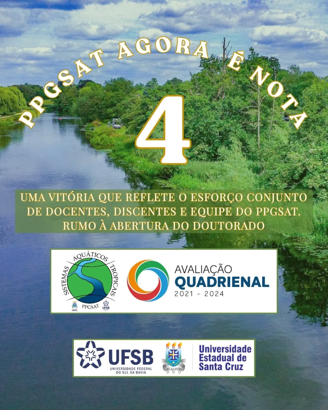 🎉✨ É motivo de muita comemoração!
O PPGSAT agora é Nota 4 na avaliação da CAPES, uma conquista que reafirma a qualidade do nosso programa e o trabalho sério que vem sendo desenvolvido.
Esse resultado é fruto da dedicação e do esforço coletivo de docentes, discentes, técnicos e colaboradores que constroem o PPGSAT todos os dias.
Que essa conquista seja apenas mais um passo… que venha o doutorado! 🚀🎓
#PPGSAT #Nota4CAPES #PósGraduação #TrabalhoColetivo Pesquisa #QueVenhaODoutorado