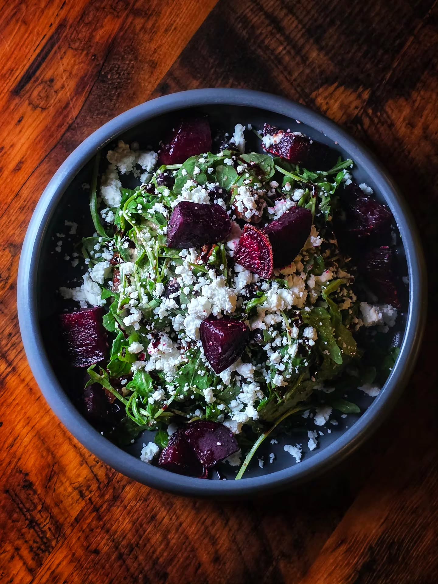 BEET & GREENS | Arugula, roasted beets, candied pecans, Saskatoon berries, goat cheese, Provencal vinaigrette, Saskatoon berry vinegar reduction
Add steak, chicken or shrimp to it and take it to the next level