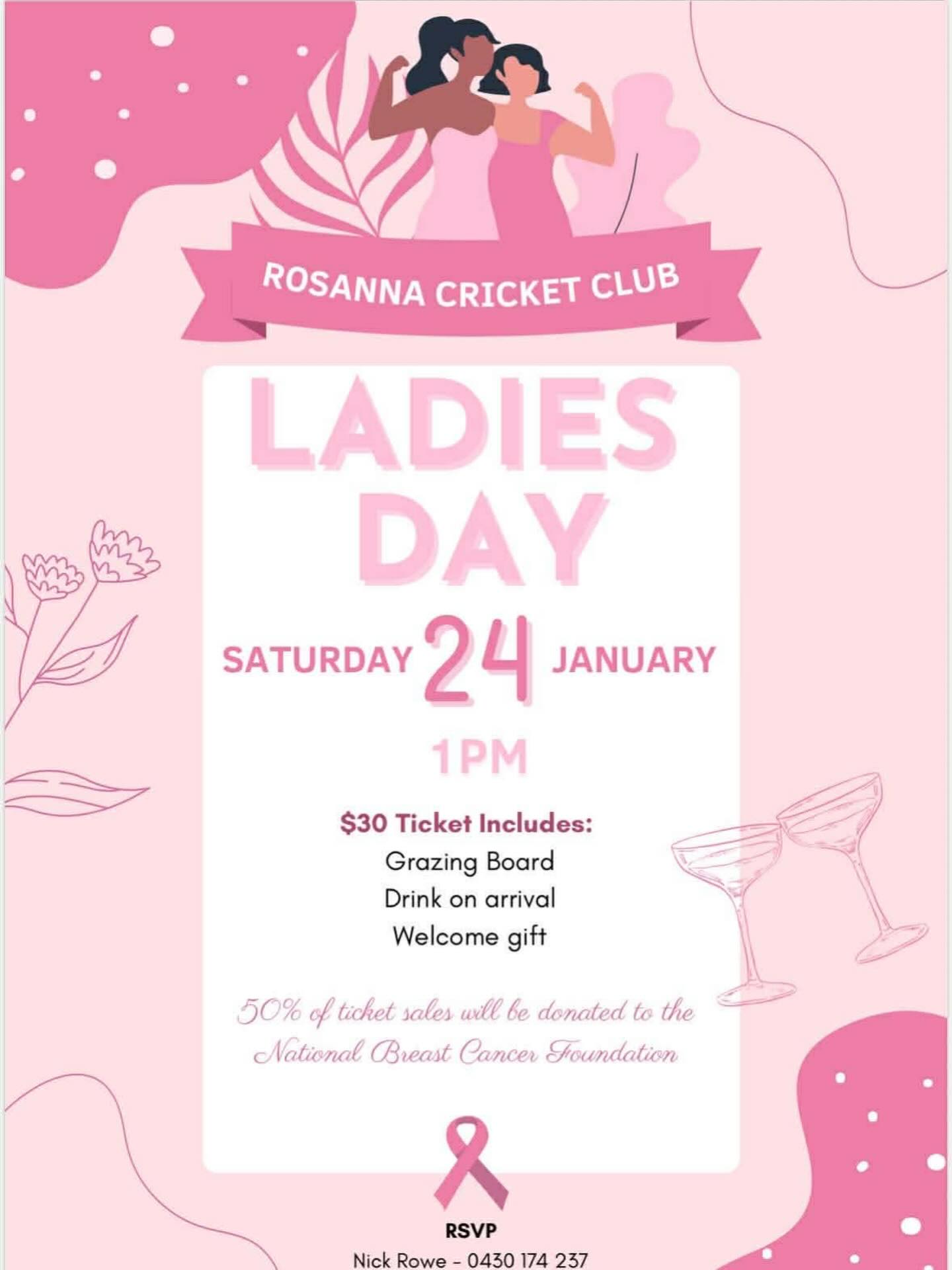 The RCC ladies day is coming up on the 24th of January!
Join us for an afternoon of cricket, drinks and great company whilst raising money for the National Breast Cancer foundation.
Spread the word to the ladies in your life. Please RSVP to Nick Rowe or Michelle Smith for catering purposes.
ππ¦