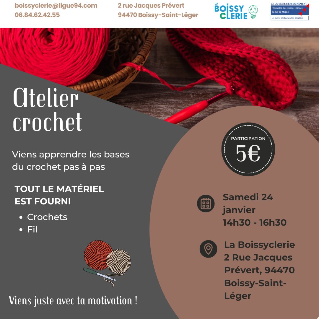 Notre atelier a été reporté au samedi 24 janvier pour toutes les personnes qui n’avaient pas pu obtenir une place 🧡 Les places sont limitées et l’inscription est obligatoire ⚠️ Participation minimale solidaire de 5 € 🫶 Inscriptions en DM, par mail boissyclerie@ligue94.com ou au numéro 0684624255