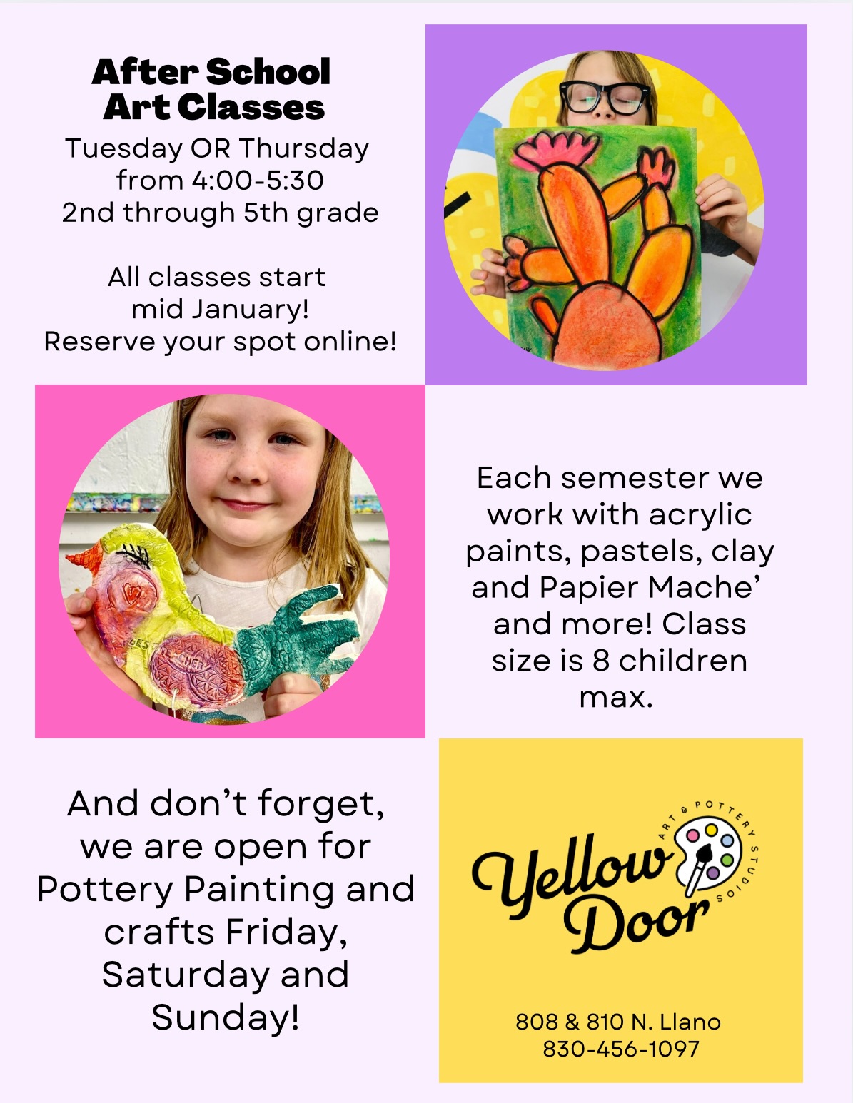 After School Art kicks off next week! Sign up your kids for an exciting semester of artistic discovery, exploring various mediums and learning about past and present artists. Classes begin mid-January and end mid-May, with a $450 semester fee. Reserve your spot with a $150 deposit. Text for more information or to arrange a studio visit. Sponsorship options are also available. 830-456-1097🌞🎨💛 sign up in the link in our bio or here: https://www.theyellowdoorstudio.com
