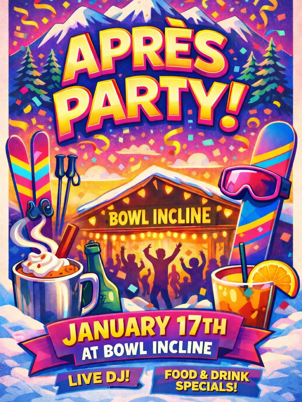 We are hosting our first Après Party this Saturday!🎉🎿
4pm-7pm⏰
•Live DJ 🎶
•$14 Burger and Fries🍔
•$12 Cadillac Margaritas 🎊
•Lots of other Food and Drink specials🥳
•Fun for the whole family🫂
We’ll See You Saturday!
☮️❤️🎳
