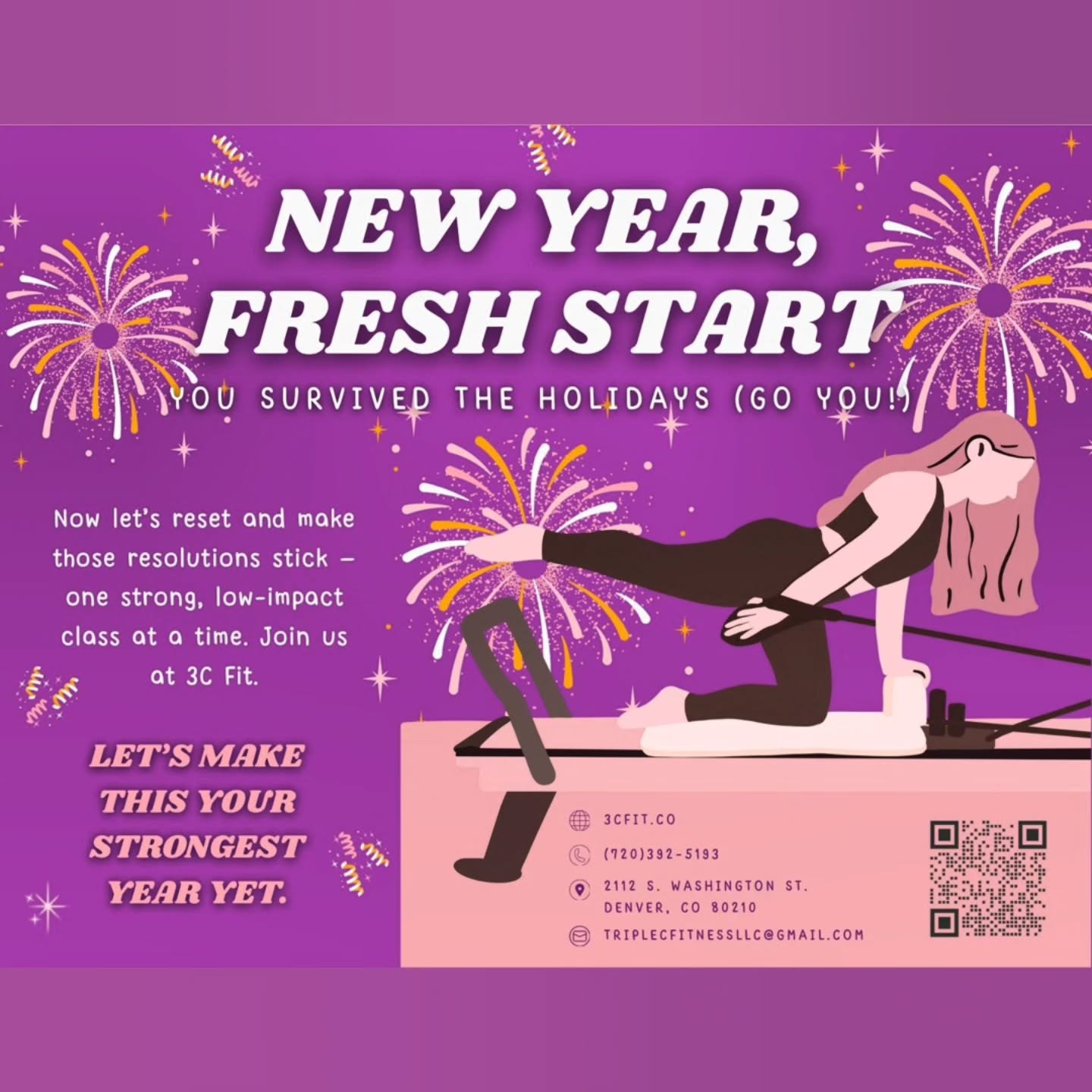 You survived the holidays! Now let's start the year off strong! Start the year off strong with 3C fit and give yourself some precious time and strength.
#DenverWorkout
#DenverFit
#DenverWellness
#DenverSmallBusiness
#DenverLocal
#DenverLife
#DenverCO
#ColoradoFitness
#ColoradoWellness
#pilates
#college
#Du
#fitmomlife
#feelgood