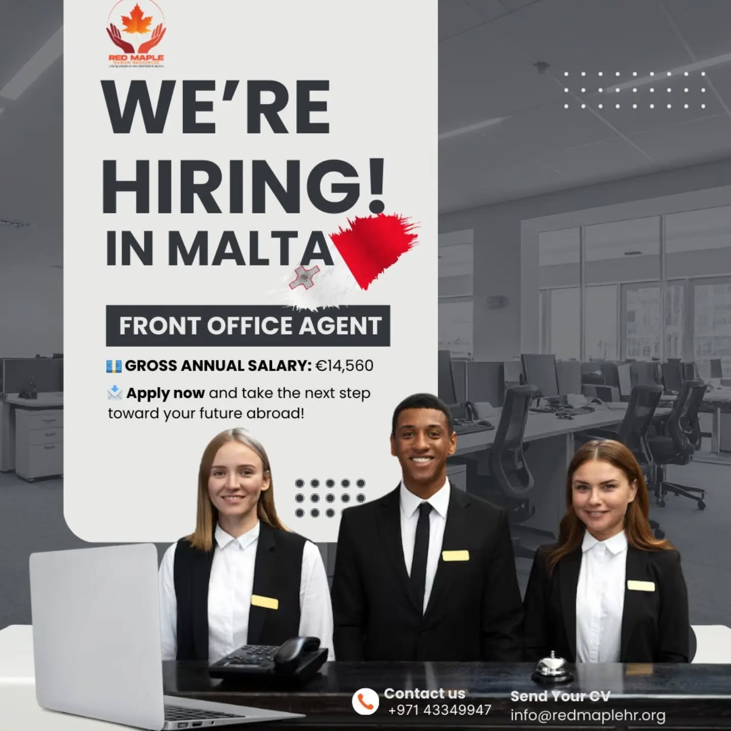 🇲🇹 We’re Hiring in Malta!
Now recruiting Front Office Agents for exciting hospitality opportunities.
💶 Gross Annual Salary: €14,560
Perfect chance to build an international career in Europe’s top destination.
📩 Apply now and take the next step toward your future abroad!
#workinmalta #maltajobs #frontofficeagent #hospitalityjobs #europecareers