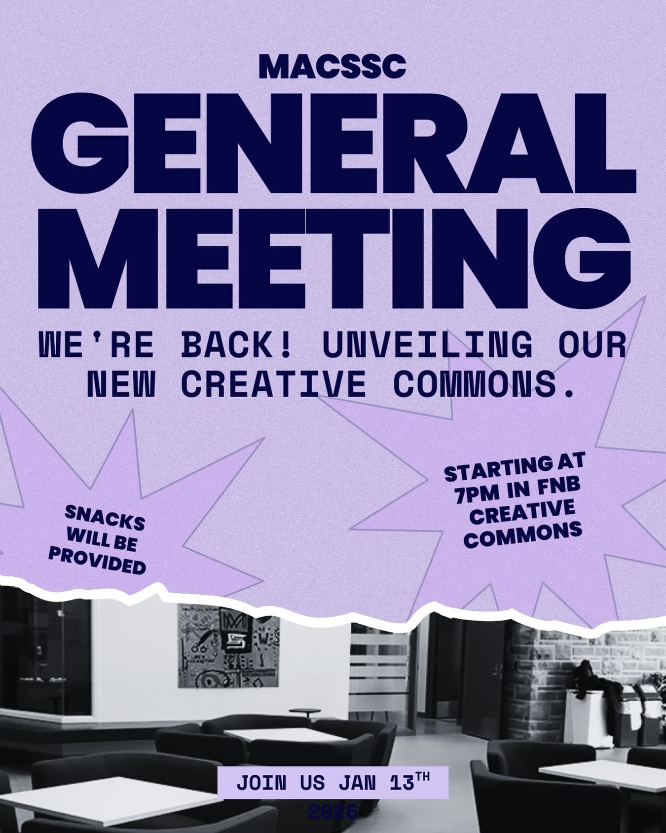 Join us for our 5th general meeting on Tuesday, January 13th, at 7:00 pm in FNB Creative Commons.
Stop by for free pizza and council information!
Can’t wait to everyone there!