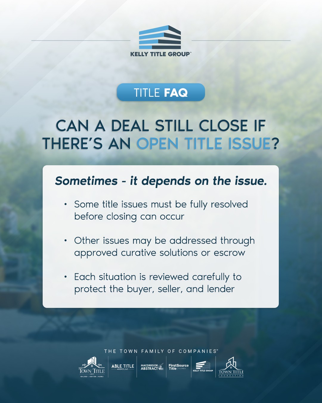 Not all title issues mean a deal has to stop.
In some cases, an open title issue must be fully resolved before closing. In others, there may be approved solutions, like curative actions or escrow, that allow the transaction to move forward while protecting all parties involved.
Every situation is reviewed carefully to ensure the buyer, seller, and lender are properly protected from contract to close.
#KellyTitleGroup #KellyTitle #TitleExperts #TitleInsurance #ClosingExperts #RealEstate #RealEstateAgent #RealtorLife #HomeBuying #HomeSelling #Mortgage #MortgageBroker #MortgageLender #HomeLoan #ClosingDay #HappyHomeowners #KeysToYourNewHome #SmoothClosings #HouseHunting #DreamHome #PropertyInvestment #InvestInRealEstate #NJRealEstate #MonmouthCounty #HudsonCounty #BergenCounty #OceanCounty #BuySellInvest #HomeBuyingJourney #titlematters