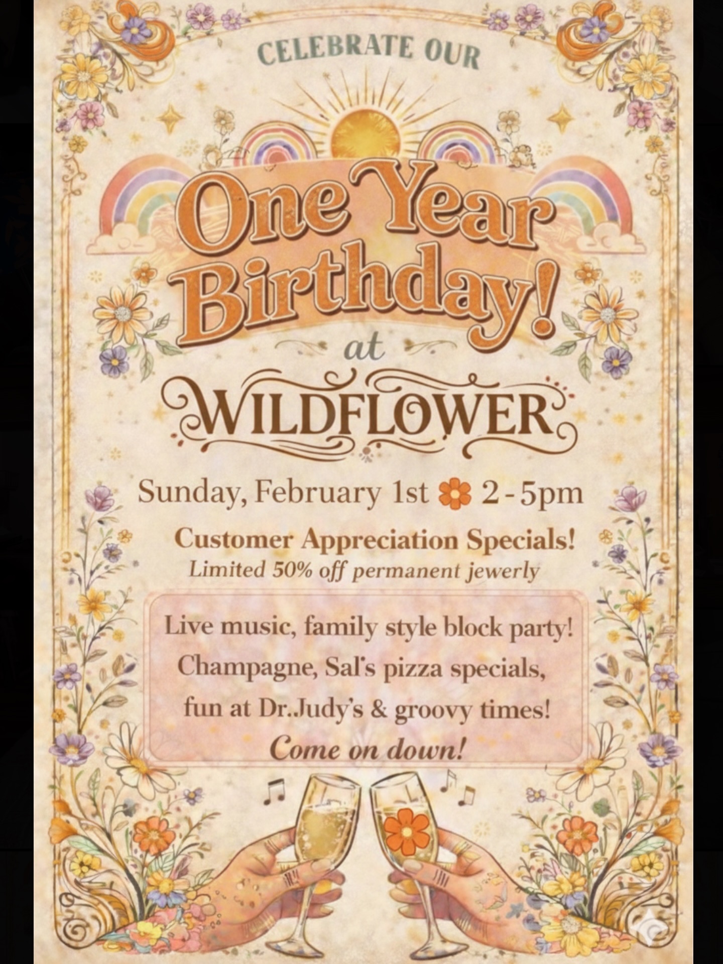🌻🌻🌻Wildflower is turning 1!!!!! This is so much more than just a year in this space for me. It’s just everything for the most giant reasons to me! I have so much gratitude for being a business in Downtown Cotati where I grew up, to have an amazing team of girls and have the best neighbors ever! But my most favorite part!!!! All my loyal clients who are pretty much all my besties! 🩷❤️Join us to celebrate! We will be doing a family style block party! Live music from @the.band.downstairs , the best pizza ever at discounted prices at @salspizzacotati and interactive fun with Judy at @cotatiwellness @dr.judy.moves! I’ll have a chocolate fondue fountain and be offering a limited number of 50% off permanent jewelry pieces! It’s going from 2pm-5pm! Come get groovy with us! Can’t wait to see everyone there!!!