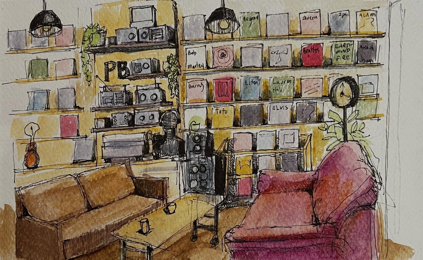 Today’s daily urban sketch practice was in a sweet new cafe in Maple Ridge. There is a jukebox. Put on your favourite record and enjoy!#projektblend #urbansketch