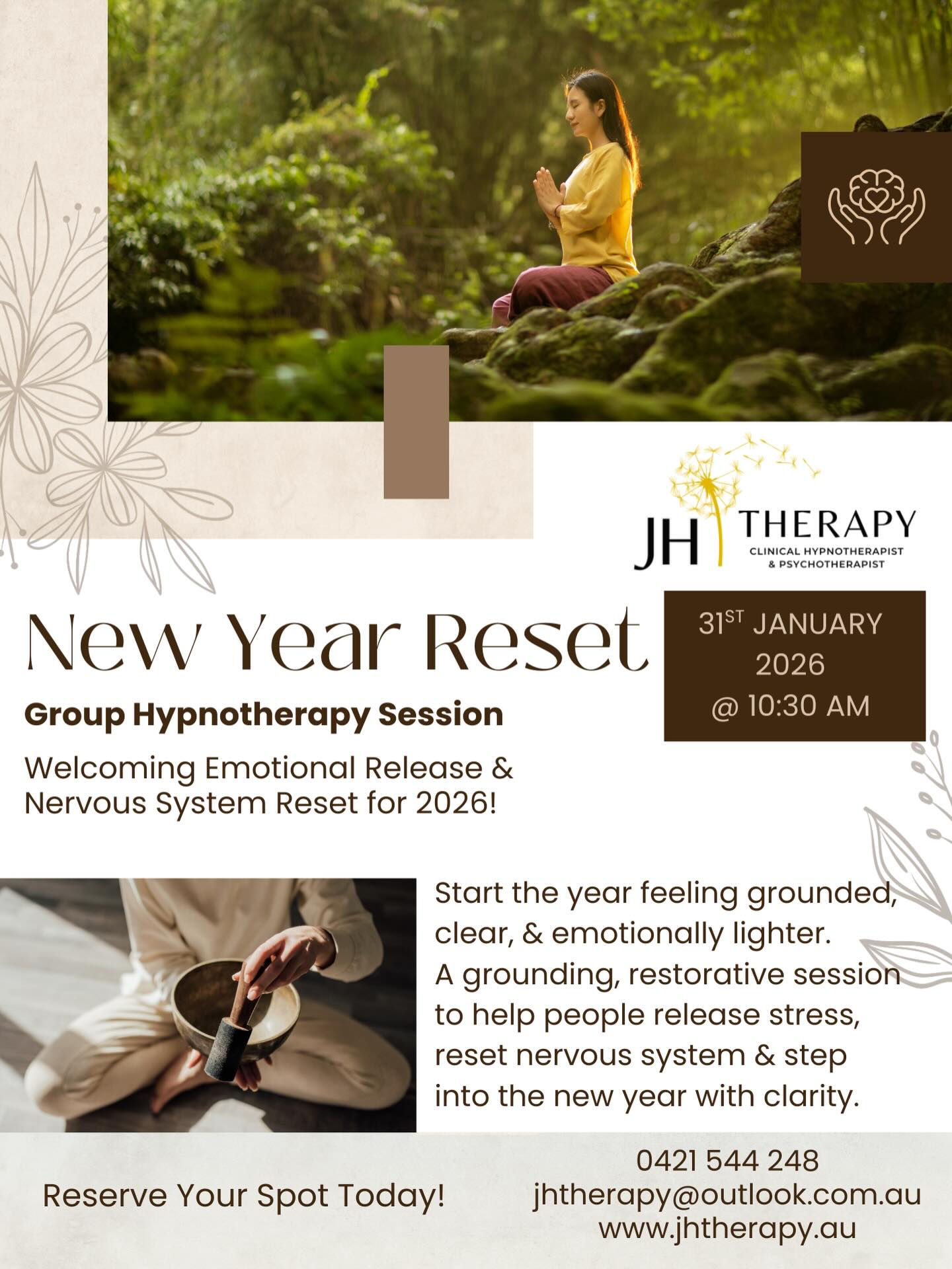 I’m excited to announce the first workshop for the year — the New Year Reset: Release & Renew Group Hypnotherapy
Focusing on emotional release, nervous system regulation and setting aligned intentions for the year
A powerful small‑group hypnotherapy experience designed to release stress, reset the nervous system and create emotional clarity for the year ahead
Through guided hypnotherapy, gentle grounding practices and reflective integration, you’ll create space for clarity and emotional renewal
Perfect for anyone feeling overwhelmed, stuck or ready for a fresh emotional start.
Limited spots available ~ Link in Bio
📍 Drouin Private Residence
🕒 1.5 hours
💰 $55
🌐 Book now: www.jhtherapy.au