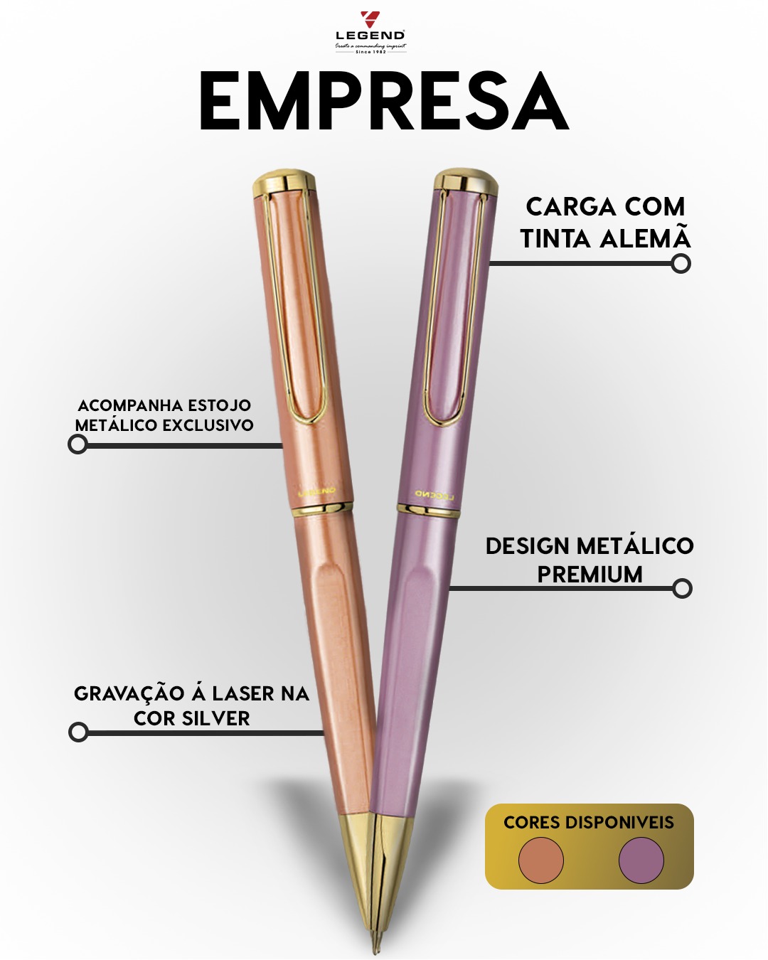 Empresa não entrega brinde.
Entrega presença.
Metal premium na mão.
Tinta alemã no traço.
Gravação a laser que não some com o tempo.
Estojo metálico que não pede desculpa por existir.
Isso não é uma caneta promocional.
É um símbolo silencioso de quem leva a marca a sério.
Porque quando o detalhe é fraco, a marca também é.
E aqui, detalhe é estratégia.