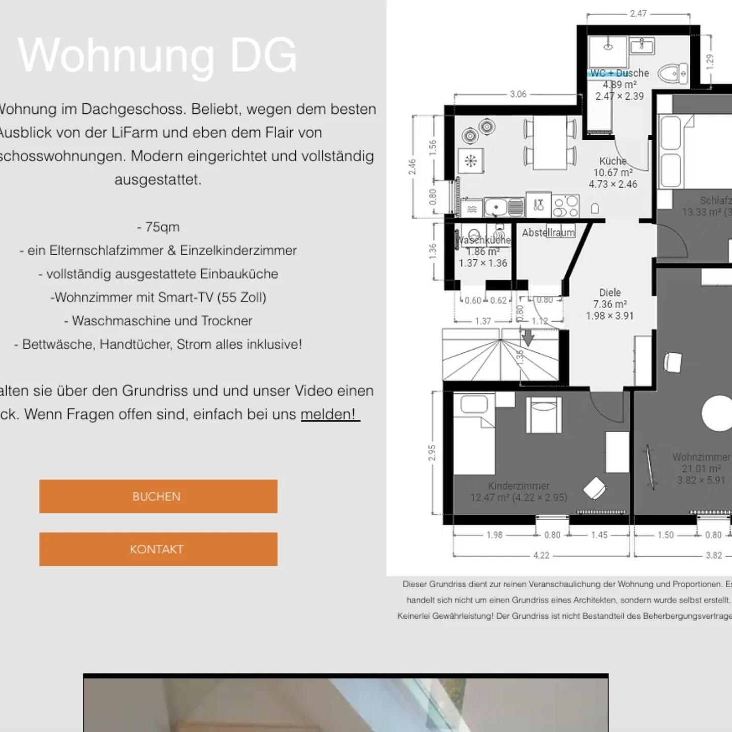 Zusätzlich zu den Informationen unserer Buchungseite, haben wir die Webseite um den Bereich der jeweiligen Wohnung ergänzt. Mit einem Grundriss und einem Video zu der Wohnung. Jeder soll vor Buchung wissen was ER/SIE/ES bekommt.
Hier heute vorgestellt die Wohnung DG.
Grundriss ist nicht von einem Architekten erstellt, sondern von uns selbst als Laien, nur zur Veranschaulichung. Der Grundriss ist nicht Bestandteil eines Beherbergungsvertrages. Keinerlei Gewähr.
https://www.lifarm.de/wohnungdg