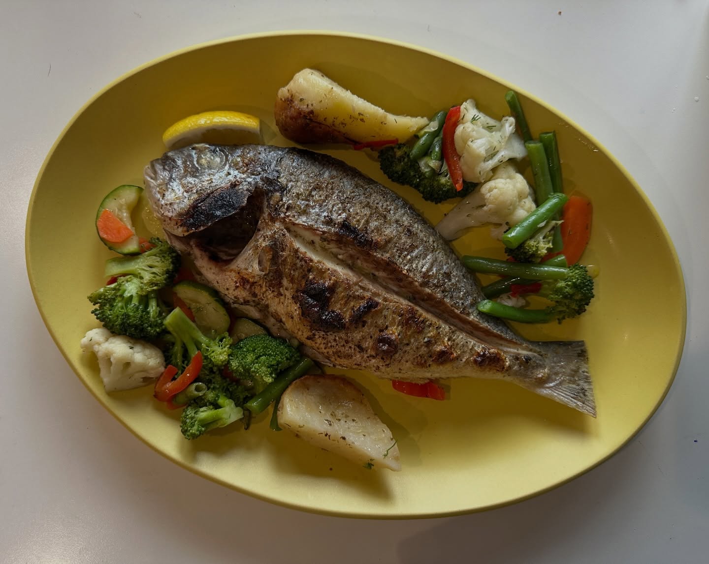 We got some fresh wild caught dorado today at our Great Falls location. We put them up on the online ordering menu too, it will arrive at your doorstep in an aluminum half pan, along with sautéed mixed vegetables and oven roasted potatoes. Then you can slide it onto to your favorite plate and take a lovely photo of it, just like our guest Terry did, who sent us this lovely pic. Teleio means perfect in Greek, and we couldn’t think of another word to describe it! Thank you! 🧿💙🐟📸