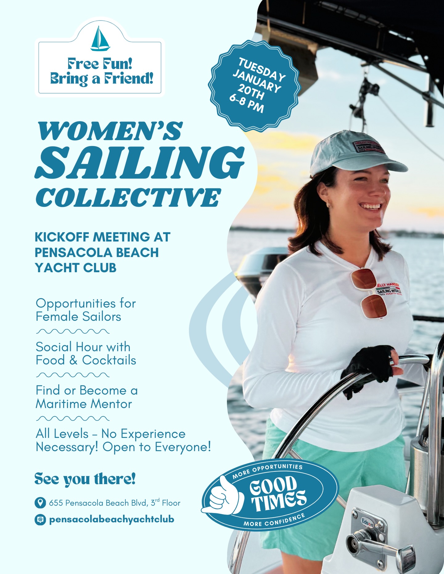 Come join us next Tuesday, January 20th, 6PM at PBYC for the inaugural Women’s Sailing Collective event! This meeting is open to the public — no experience required. Our goal is to create a hub of opportunity for female sailors and boaters at all levels who are looking to rise to the next level of their journey, whether that be learning to sail for the first time, getting a captain’s license, or getting onto more competitive race boats. We’ll start with food and cocktails, move to a presentation and group discussion, then end with raffle prizes and music! Looking forward to making this a successful monthly experience with speakers and on-the-water activities!
Tuesday, January 20th, 6pm. Pensacola Beach Yacht Club (655 Pensacola Beach Blvd, 3rd Floor)