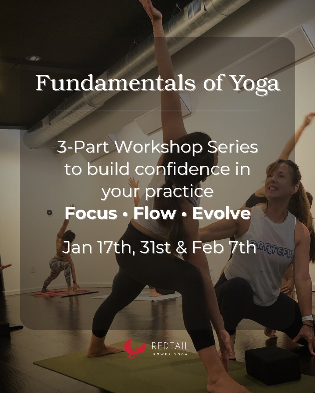 Fundamentals of Yoga workshop series begins Jan 17th.
Three Saturdays to create confidence in your practice.
Saturdays 11:30am-1:00pm:
• 1/17 • Focus
• 1/31 • Flow
• 2/7 • Evolve
Get the details 👆Link in bio