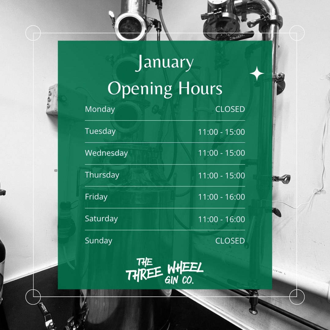 January Opening Hours Update 🍸
As we roll into the new year, we’ll be running slightly adjusted opening hours at Three Wheel Gin Co throughout January. After a busy festive season, we’re taking a little breather while still keeping the wheels turning.
If you need us for anything at all — gifts, orders, or just a quick question — you can always call or text us on 07494 843067 and we’ll be happy to help.
Thanks as always for supporting our small, family-run distillery & bottle shop 💙