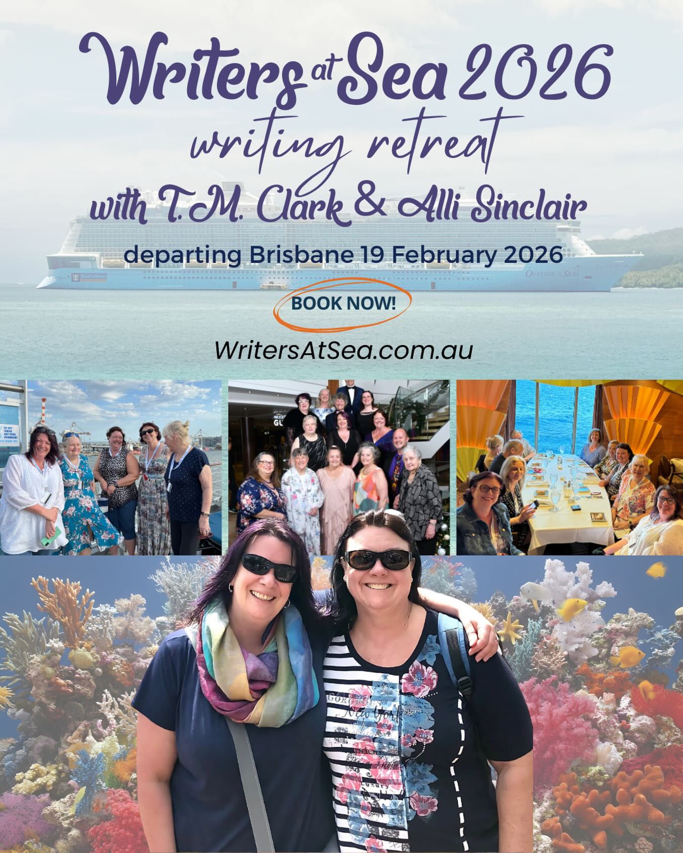 There’s only 35 days to go until this year’s Writers at Sea retreat, and it is starting to feel very real.
We are also pleased to share that details for the 2027 Writers at Sea retreat will be announced soon.
We’d love to have you join best-selling and award-winning authors Alli Sinclair and T.M. Clark for a retreat to help you slow down, refocus and make progress on your writing. It’s a relaxed and supportive retreat, open to writers of any genre and level of experience.
Across the retreat, you will take part in practical writing workshops, group conversations and shared writing sessions, with the added benefit of private mentoring time with Tina and Alli to talk through your work and goals.
www.writersatsea.com.au
#writersatsea #writersatsea2026 #writingcommunity #writerslife