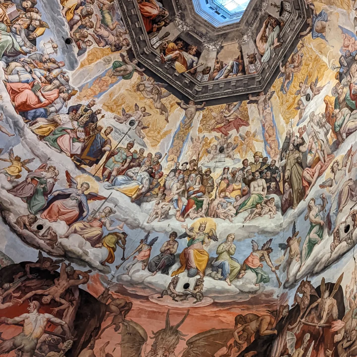 The interior of Brunelleschi's done in Florence. The work was begun by the historian (and artist) Vasari in the 1500's and completed by Federico Zuccari after his death.
The view above is from the gallery over the crossing. When you climb to the top of the cupola there is a point at which you exit one stairwell and walk to another stairwell in the dome itself. It is there that you get this magnificent view!
#latinrocks #instaitalia #walksinitaly #italianplaces #italian_places #instaitalia #italytravel #italia #italyphoto #travel #trip #tesori_italiani #italymagazine #HistoricItaly #HistoricLandmarks #ItalianArchitecture #VisitItaly #ItalyTravel