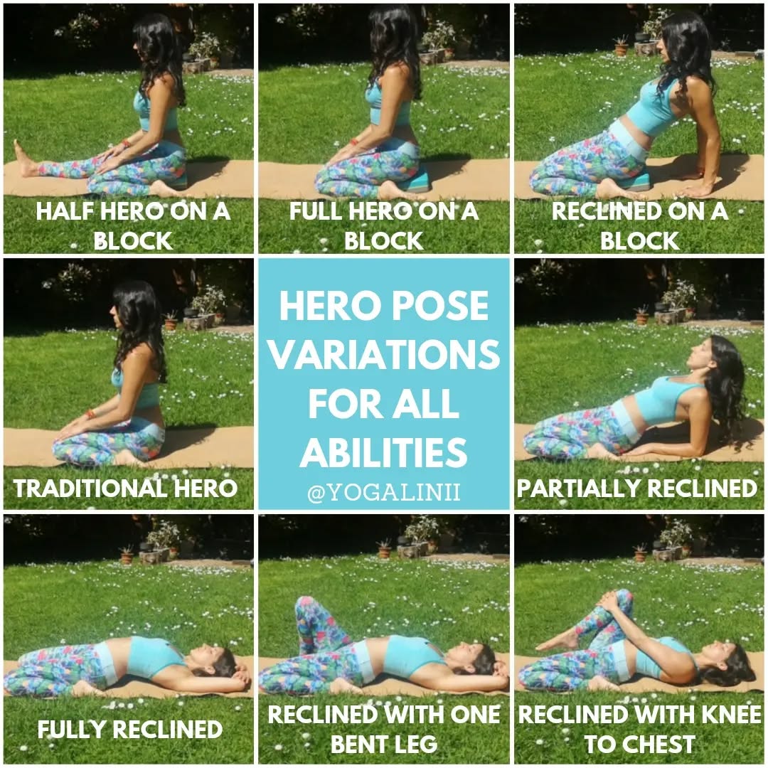 Another pose variation panel showcasing Virasana aka Hero Pose 🦸♂️
Starting in the top left and working your way down to the bottom right, here are some variations on how to start practicing the pose, all the way to getting the deepest stretch from the Asana.
The prop used in this panel is just a simple yoga block, if starting out, you can elevate yourself as high as necessary to make it accessible for you (whether that's multiple blocks, pillows or blankets).
If you're finding your knees feel a bit uncomfortable, you can also explore the option of placing a blanket behind your knees as you sit down, to provide more space.
As always, listen to your body. Slowly enter and exit each pose and only do what feels possible for you today.
Virasana is great for:
🦸♂️ Stretching the quads, knees, muscles around the knees, and ankles
🦸♂️Aiding digestion
🦸♂️Helping to cure flat feet
🦸♂️Improving blood circulation around the legs
🦸♂️Lengthening the spine, and the reclined version helps with reliving lower back pain
Whats your favourite variation?