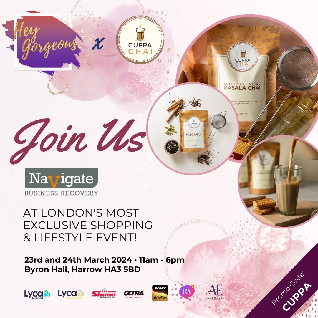 🎁New Event Notice!🎁
We're unbelievably excited to be exhibiting at the fantastic @heygorgeous.events exhibition on the 23rd and 24th March! This is something a little different for us, but we are pumped to get Cuppa Chai in front of a new audience, in possibly one of the most welcoming and inspiring events yet!
Cuppa Chai will be shoulder to shoulder with over 100 other Asian owned businesses, with everything from food, clothes, jewellery, homewares, self improvement and more.
We are thrilled to offer you a FREE standard ticket to Hey Gorgeous as our special guest. You can get free entry in advance via www.heygorgeous.events and the free code is CUPPA.
Join us at Hey Gorgeous, in Harrow, NW London 😁
#mycuppachai #tea #chai #indiantea #chaitea #teatime #timefortea #teablogger #smallbusiness #teareviewer #business #teaaddict #teasession #teablends #teaholic #desichai #india #teadrinker #masalachai #ilovetea #tealove #teabreak #teatasting #foodie #heygorgeous #heygorgeousevents #chaiwala #teaislife #breakfast #cuppachai