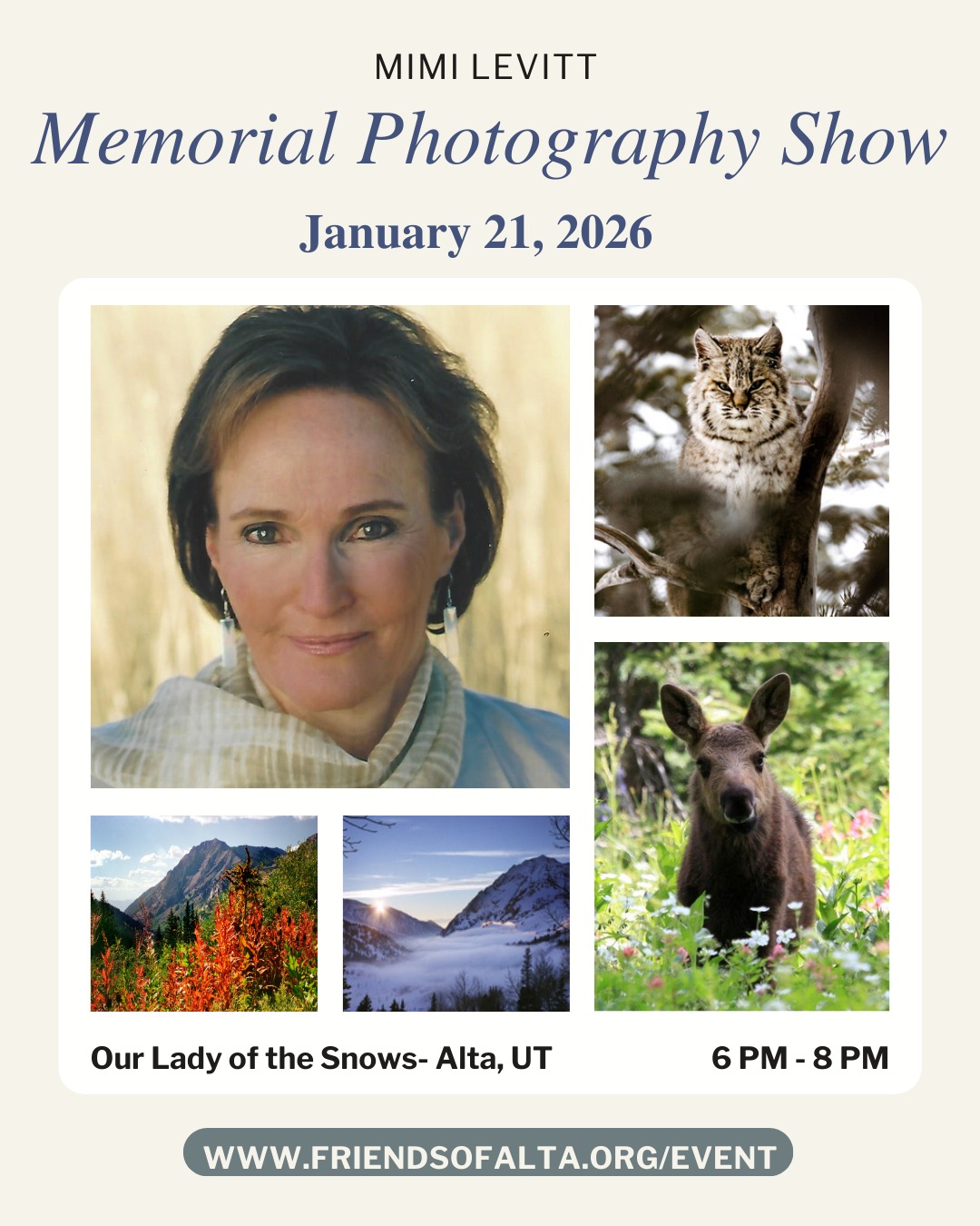 Mark your calendars for an unforgettable event happening next week honoring Mimi Levitt, a passionate protector of Alta and its natural beauty. This free, all-ages gathering celebrates Mimi's unwavering dedication to preserving the land, the people, and its wildlife, reflecting the deep love she held for this special place.
Whether you knew Mimi personally or admire her legacy from afar, this event is a heartfelt opportunity to remember her commitment, share stories, and connect with others who care about Alta. Attendees will enjoy viewing a stunning collection of Mimi’s photography, showcasing the landscape and creatures she worked so hard to protect over the years.
Free event
