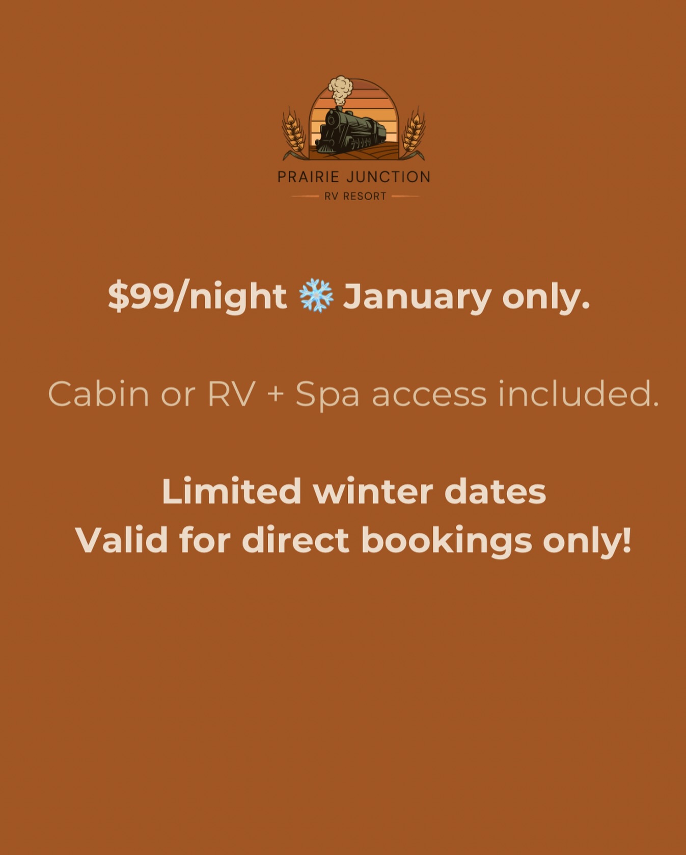 January only at Prairie Junction — book any cabin or RV for just $99/night and get FREE access to our hydrotherapy spa.
Cedar sauna. Hot tub. Cold plunge.
Four cozy themed cabins + hotel-ready RVs.
The perfect winter mini glamping getaway.
⚠️ January dates are limited — once they’re gone, they’re gone.
Book now directly by calling : +1 (403) 742-8855
✨ valid for new bookings only done directly through us - not third party platforms ✨