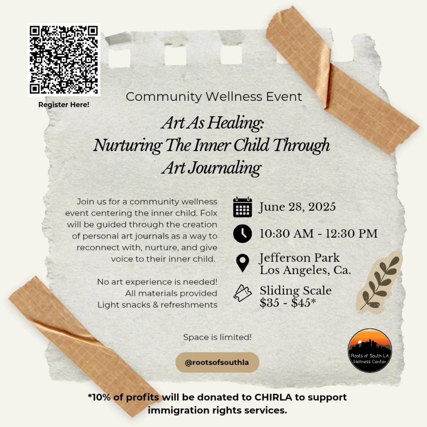 As we continue to endure the attacks on our communities, our inner child may be experiencing strong activations that may be keeping us stuck in trauma responses.
Please join us on Saturday 6/28 @ 10:30am for a BIPOC centered community workshop:
"Art As Healing; Nurturing the Inner Child Through Art Journaling" where we willl be cocreating a holding space to gather with community and tend to those tender parts of us that are needing reassurance and comfort during these scary times.
Information on the importance of tending to our inner child will be provided, and art journaling exercises will be faciliated.
✨️All materials will be provided!
✨️Light refreshments and snacks.
✨️Space Is Limited!
🎟Link in bio.
***10% of all profits will be donated to CHIRLA to support immmigration rights services.
