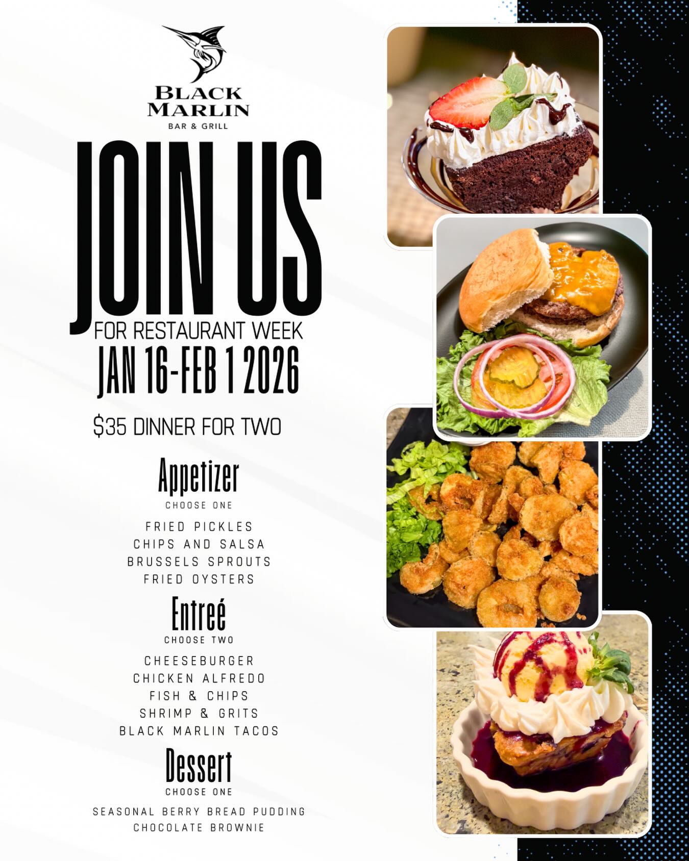 Restaurant Week starts today at Black Marlin — join us for our special Dinner for Two and enjoy a week of great dining. 🍽️
#RestaurantWeek #DinnerForTwo #BlackMarlinPA #PortAransas #TexasEats
