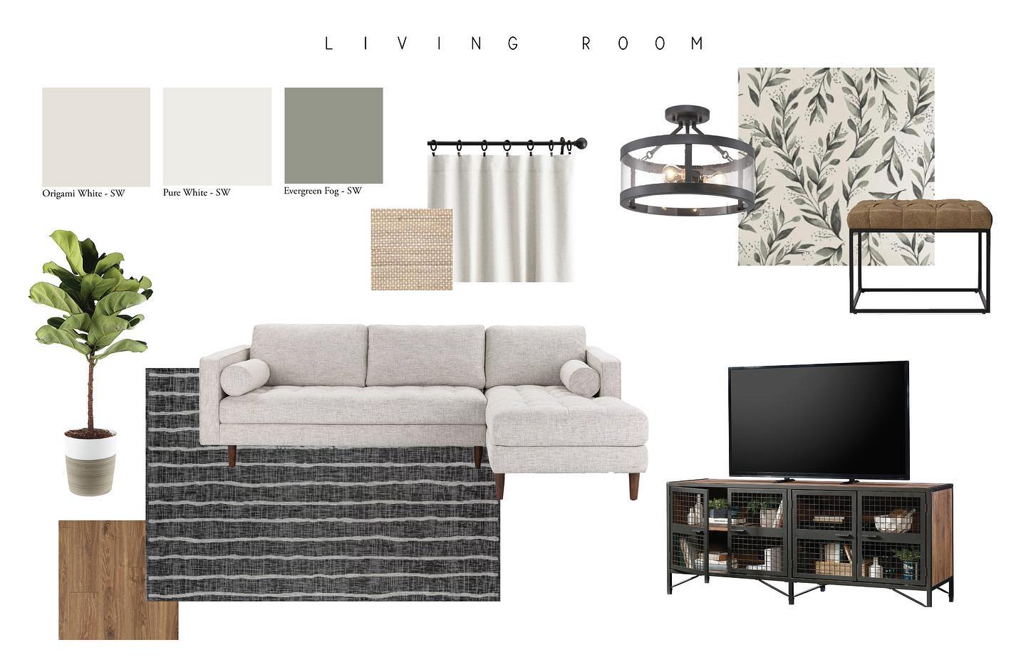 It’s been 5 weeks since Daniel and I closed on our first house! We have been making a lot of progress with the first phase of remodeling. Paint is almost done and then we’re on to installing trim! Soon enough we’ll be enjoying this cozy living room 😍 .
.
.
#interiordesign #moodboard #remodel #livingroomremodel #livingroomdesign #articlefurniture #jossandmain #arearugs #flooranddecor #magnoliahome #houz #wallpaper #leatherottoman #targethome #blindscom #potterybarn #sherwinwilliamspaint #origamiwhite #evergreenfog #industriallighting #cozylivingroom #fiddleleaffigtree #walmartfurniture #amazon