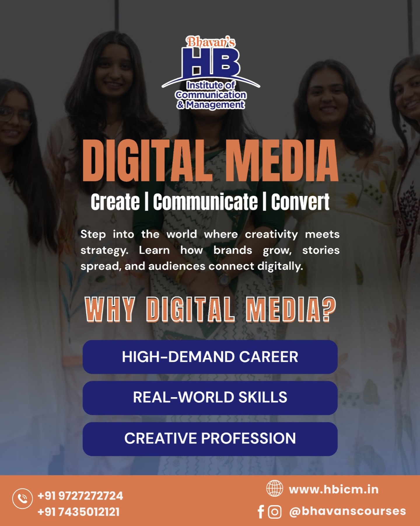 Step into the future of communication with Digital Media 🎯
Where creativity meets strategy and ideas turn into impact.
Learn how to create content, communicate stories, and convert audiences with real-world digital skills that brands demand today.
🚀 Build a career that’s creative, dynamic, and in high demand.
📞 Call now to book your seat:
+91 9727272724 | +91 7435012121
🌐 Visit: www.hbicm.in
#digitalmedia #bhavans #mediaeducation #creativecareer #education