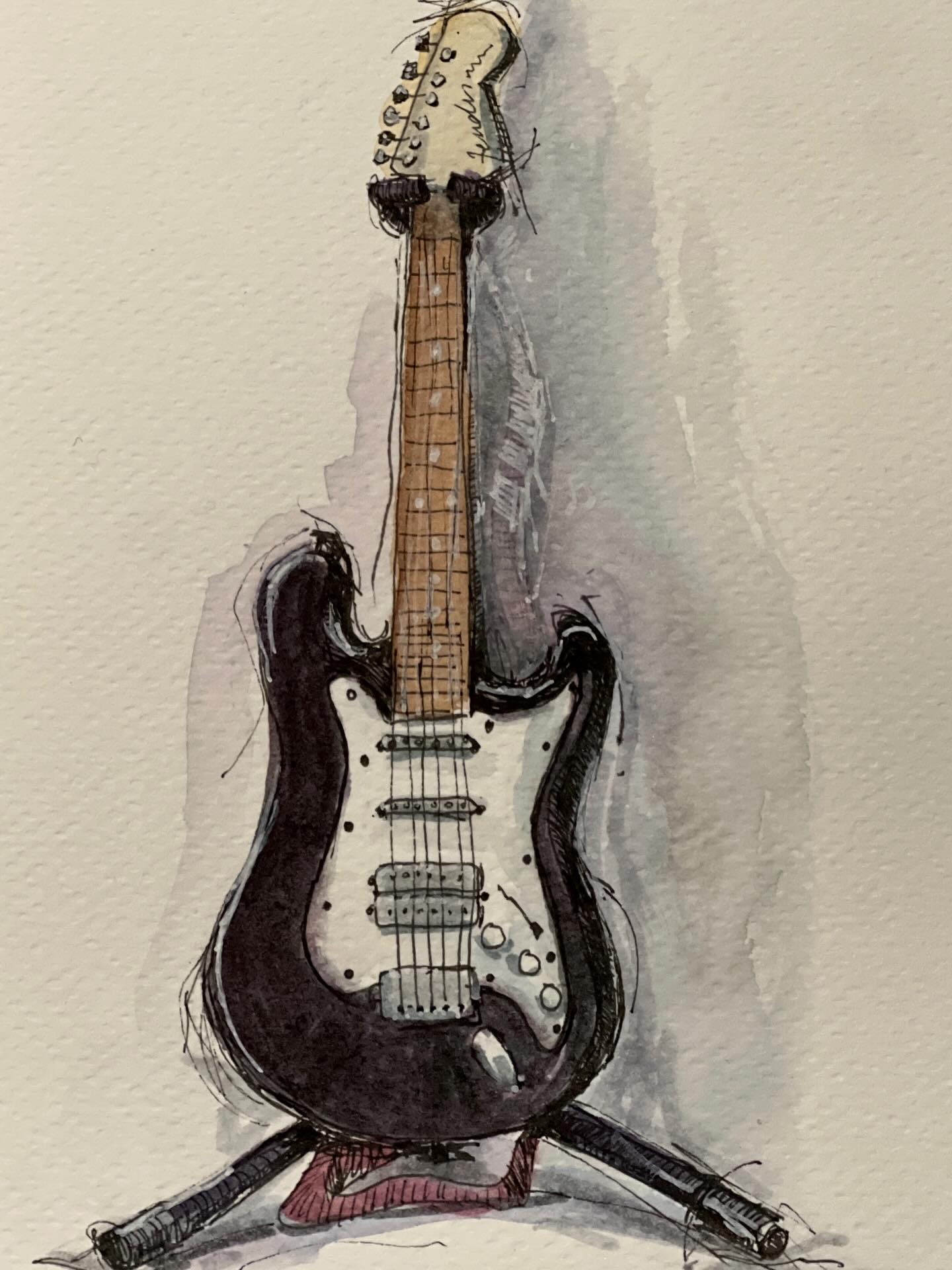 A few drawings from my January daily practice. My hubby ❤️ and some of his musical instruments. #watercolourandink #guitardrawing