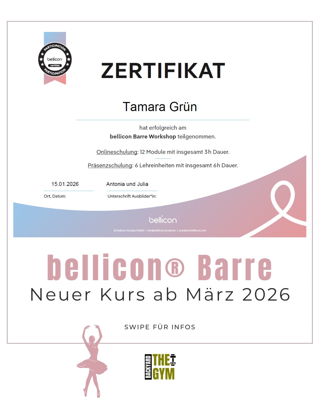 ZERTIFIZIERT & READY TO MOVE ✨
Ich habe meinen bellicon® Barre Workshop erfolgreich abgeschlossen – und kann es kaum erwarten, dieses besondere Training mit euch zu teilen! 🩷
🩰 NEU ab März 2026: bellicon® Barre
📍 Buchbar demnächst über die VHS oder direkt bei mir im Studio
bellicon Barre ist ein ganzheitliches Ganzkörper-Workout, das Ballett, Pilates und Yoga mit der dynamischen Leichtigkeit des bellicon®-Trampolins verbindet.
Im Fokus stehen aufrechte Haltung, Balance, Kraft und Beweglichkeit – kombiniert mit kleinen, präzisen Bewegungen, isometrischen Halteübungen und sanftem Pulsing.
Das Ergebnis?
✨ Eine lange, schlanke & starke Muskulatur
✨ Mehr Körperbewusstsein & Stabilität
✨ Eleganz, Power & Leichtigkeit in perfekter Balance
Durch die Verbindung aus Barre & bellicon® werden zusätzlich Ausdauer, Stoffwechsel und Lymphsystem aktiviert – gelenkschonend, effektiv und voller Flow.
Hier geht es nicht um höher, schneller, weiter – sondern um Achtsamkeit, Freude an Bewegung und ein gutes Gefühl im eigenen Körper.
👣 Trainiert wird barfuß oder auf rutschfesten Socken – für starke Füße, aktive Tiefenmuskulatur und eine verbesserte Körperwahrnehmung.
💕 bellicon Barre ist für alle geeignet, die sich kraftvoll, beweglich, elegant und rundum wohl fühlen möchten.
Ich freue mich riesig auf diesen neuen Kurs – und auf euch!
👉 Stay tuned – alle Infos zur Buchung folgen ganz bald!
#bellicon#belliconbarre#zertifikat#thebackyardgymsaar#saarland