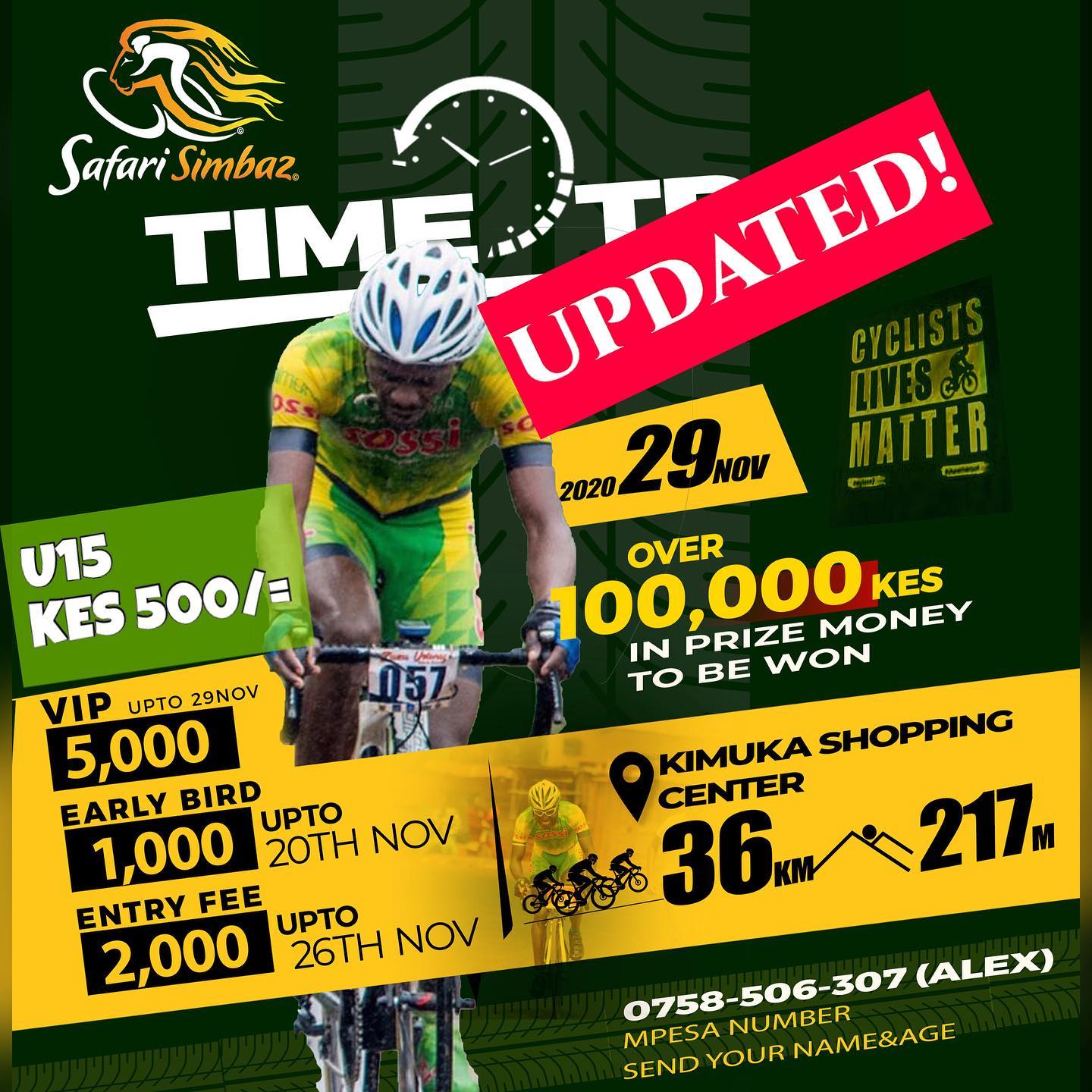 Due to the low turnout and registration , we are revising Prize money as follows;
CATEGORIES
GENERAL CLASSIFICATION
1. 10,000
2. 8,000
3. 6,000
4. 4,000
5. 2,000
6. 2,000
7. 2,000
8. 2,000
9. 2,000
10. 2,000
QUEENS
1. 10,000
2. 8,000
3. 6,000
4. 4,000
5. 2,000
6. 2,000
7. 2,000
8. 2,000
9. 2,000
10. 2,000
U15 KIDS PRINCES
1. 5,000
2. 3,000
3. 2,000
U15 KIDS PRINCESSES
1. 5,000
2. 3,000
3. 2,000
OVER 50 VETS KINGS
1. 5,000
2. 3,000
3. 2,000
KINGS
1. 10,000
2. 9,000
3. 8,000
4. 7,000
5. 6,000
6. 5,000
7. 4,000
8. 3,000
9. 2,000
10. 1,000
Come One, Come All
.
.
.
.
.
#sossisoya
#safarisimbaz
#africancyclist
#bepartoftheteam
#bicycleschangelives
#safarisimbazcyclingholidays