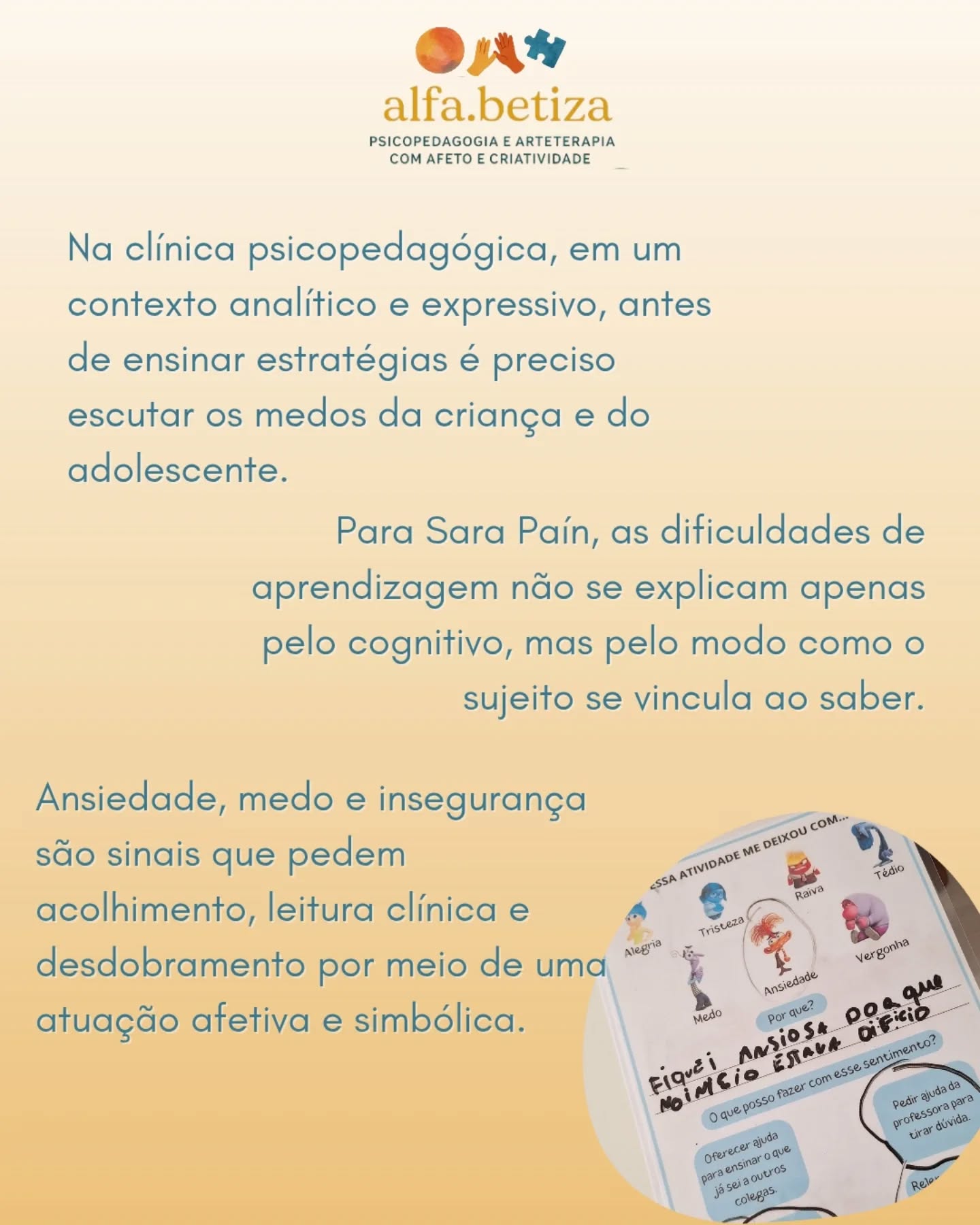 A Psicopedagogia em um contexto analítico e expressivo trata-se de uma abordagem complementar, que não substitui intervenções estruturadas, mas qualifica o manejo clínico ao considerar o sujeito que aprende.
A intervenção é pautada no sujeito e no vínculo com o saber.
