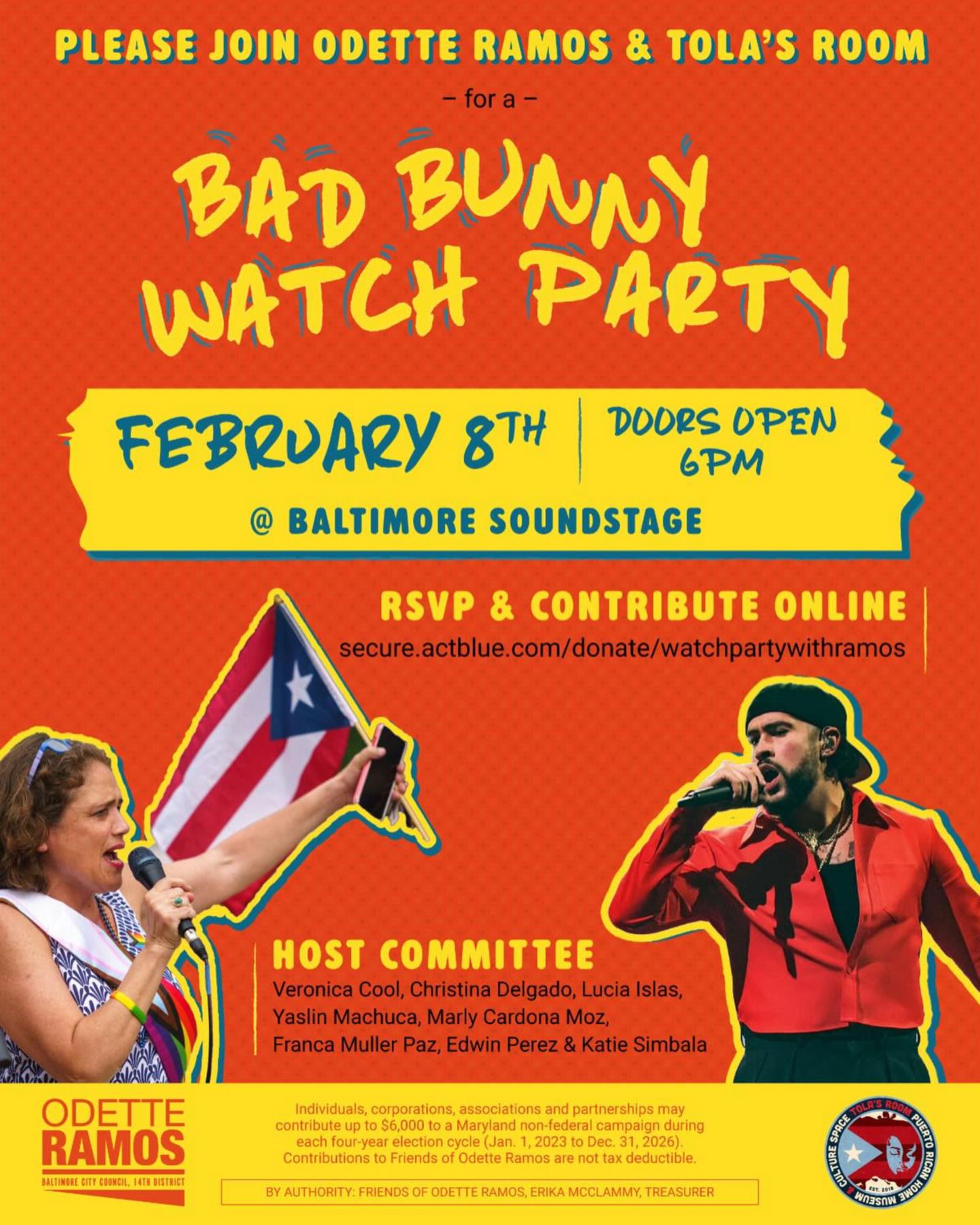 Join us for an unforgettable night as @tolas_room teams up with @odetteramosbaltimore for a #BadBunny Watch Party in the heart of downtown Baltimore @bmoresoundstage. ✨✨
Come watch the game, eat delicious local #PuertoRican food, purchase art from local #Boricua vendors and celebrate #BmoreBoricua pride as we come together for a special & historic evening. 🤎
Vendors include:
Art by @_thecuriouscreative
Mixed media work by @titimuniz85
Photography by @surrealphoto
Hand painted wood & vinyl designs by #MyTherapyCreations
¡Nos vemos allí! 💃🏽🇵🇷
📍 Baltimore Soundstage
📅 Sunday, February 8
🕕 Doors open at 6:00 PM
📍 124 Market Place, Baltimore, MD 21202
🔗 Bio