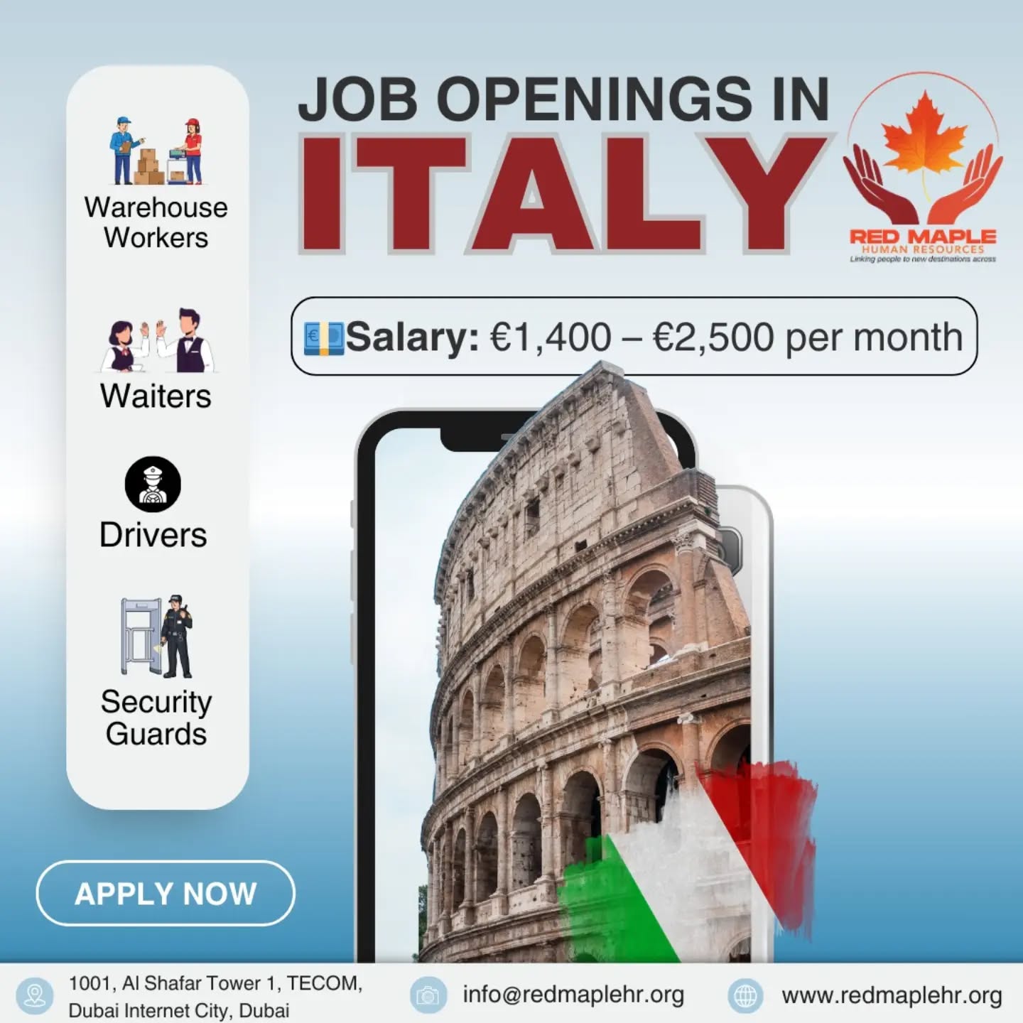 *JOB OPENINGS IN ITALY – APPLY NOW! 🇮🇹*
Great opportunity to work in Europe! Italy is hiring for multiple roles with attractive salaries and benefits. Start your journey toward a stable and rewarding career abroad.
*🔹 Open Positions:*
• Warehouse Workers
• Waiters
• Drivers
• Security Guards
💶 Salary: €1,400 – €2,500 per month* (depends on position & experience)
*🎯 Benefits:*
✔ Stable European job
✔ Accommodation & support (as per employer)
✔ Safe working environment
✔ Long-term career growth
🚀 Limited vacancies available — Apply Now and secure your chance to work in Italy!
#workinitaly #italyjobs #europejobs #warehousejobs #driverjobs