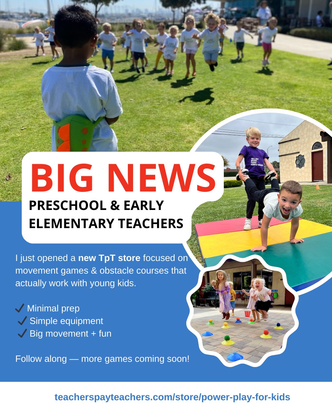 After years of creating and using movement games with preschool and early elementary kids, I’ve officially opened a Teachers Pay Teachers store!
I’m sharing easy-to-follow PE games, gross motor activities, and themed obstacle courses designed for busy teachers — minimal prep, simple equipment, and lots of movement fun.
If you’re looking for ways to get kids moving while building listening skills, coordination, and confidence, I’d love for you to check it out and follow my store as I add more resources.
👉 https://www.teacherspayteachers.com/store/power-play-for-kids
Thank you so much for supporting small teacher-creators 💛
##TeachersPayTeachers
#TpTSeller
#PreschoolTeachers
#EarlyChildhoodEducation
#PreschoolMovement
#GrossMotorSkills
#PhysicalEducation
#PEGames
#ActiveLearning
#MovementMatters
#PlayBasedLearning