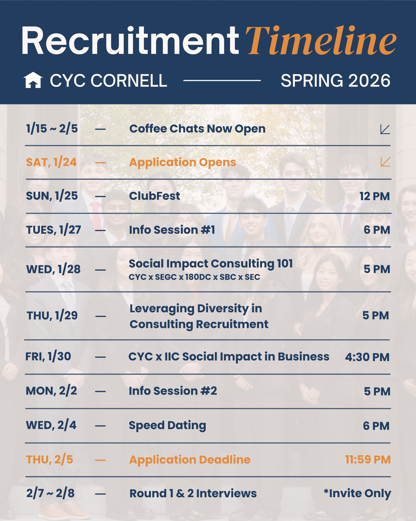 Announcing our Spring ‘26 recruitment timeline! We are super excited to meet all of you and strongly encourage signing up for coffee chats as well as attending our various events! Specific details regarding each event will be announced closer to the date, so stay tuned!