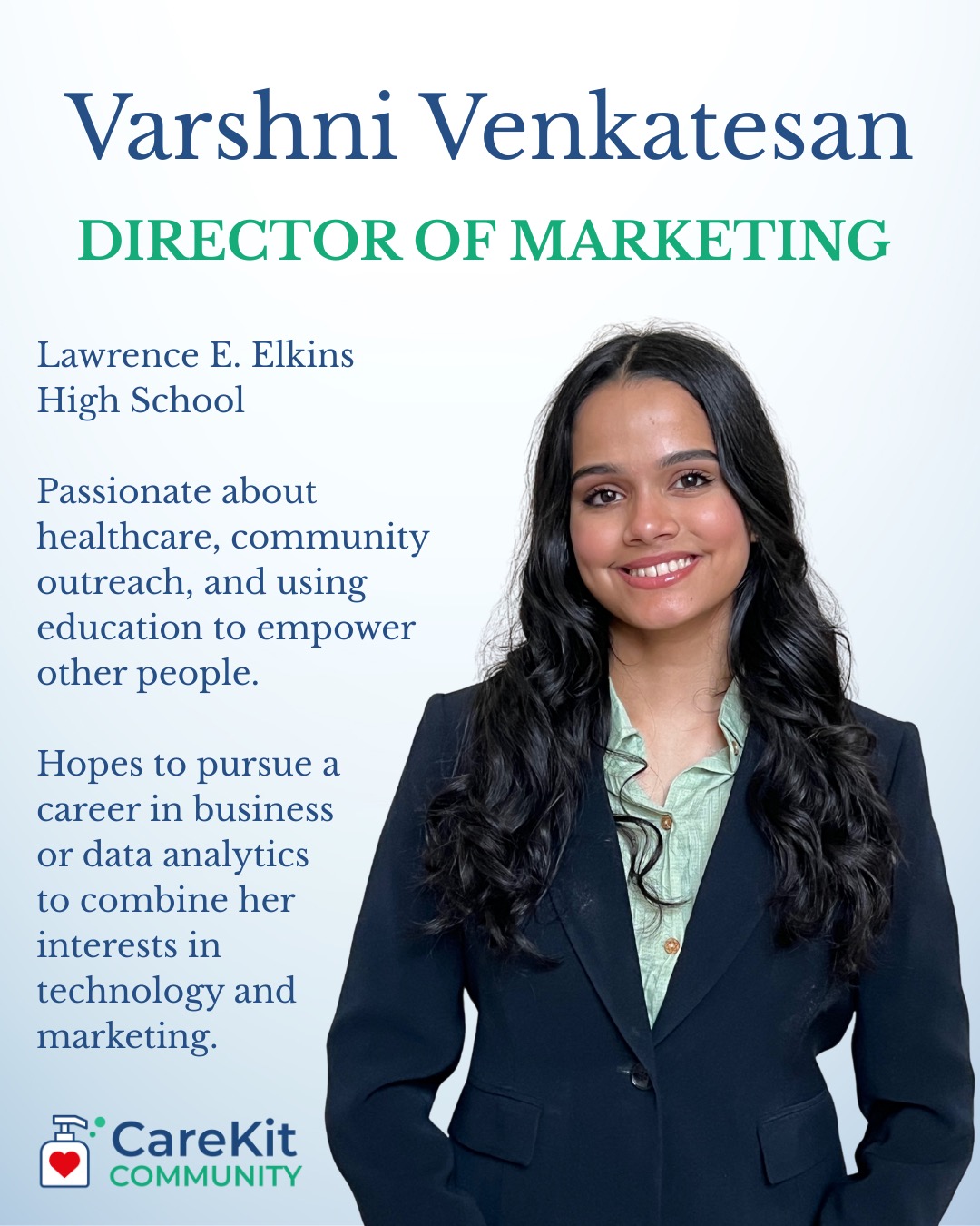 Introducing Varshini Venkatesan as our Director of Marketing! #nonprofitlife #students #hygiene #volunteer #volunteering #nonprofitsofinstagram #highschoolopportunities #leadershipdevelopment
