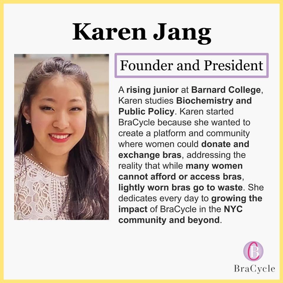 Introducing our team leaders!! First up, our founder and president, Karen Jang - a rising junior at Barnard College, studying biochemistry and public policy!