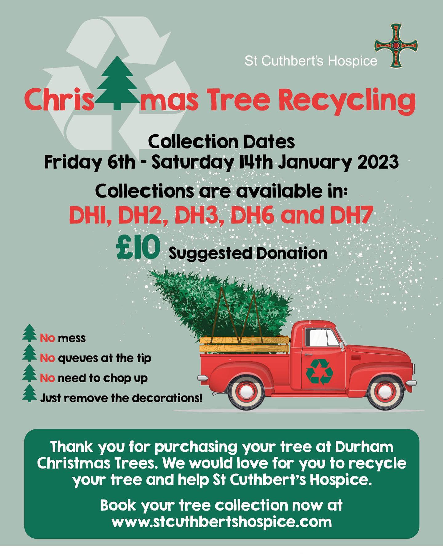 ⚠️ SOLD OUT ⚠️ We are now closed for 2022 after selling out today 🎄
Thank you to everyone who has supported us once again, it’s been great to see lots of new and returning customers! We wish you all a Merry Christmas & Happy New Year 😊
♻️ Tree recycling - St Cuthbert’s Hospice will be running their tree recycling service in January. Save yourself the hassle of disposing of your tree and raise money for an amazing charity. Book your collection: www.stcuthbertshospice.com
💦 Make sure you keep your tree watered in the coming weeks to ensure it stays fresh until the new year