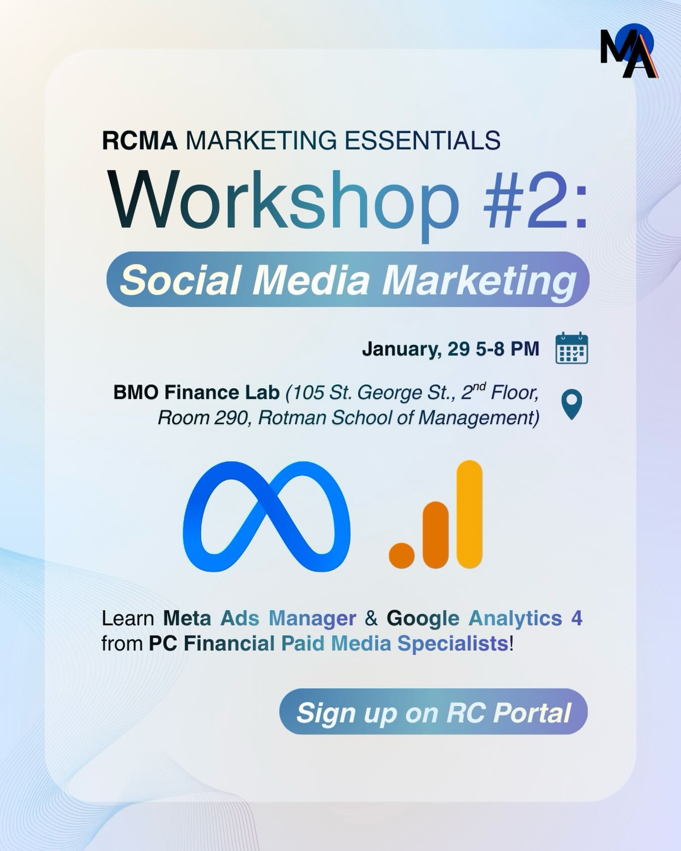 Explore social media marketing, paid media, and digital campaigns through RCMA’s Social Media Marketing Workshop on Thursday, January 29! ⭐️
Led by two Paid Media Specialists from PC Financial with a combined 16+ years of experience, students will learn the fundamentals of Meta Ads Manager and Google Analytics 4 (snacks provided)!
* Students are recommended to create a Google Analytics 4 account prior to the workshop.
#rotmancommerce #marketing #uoft #socialmediamarketing #rcma