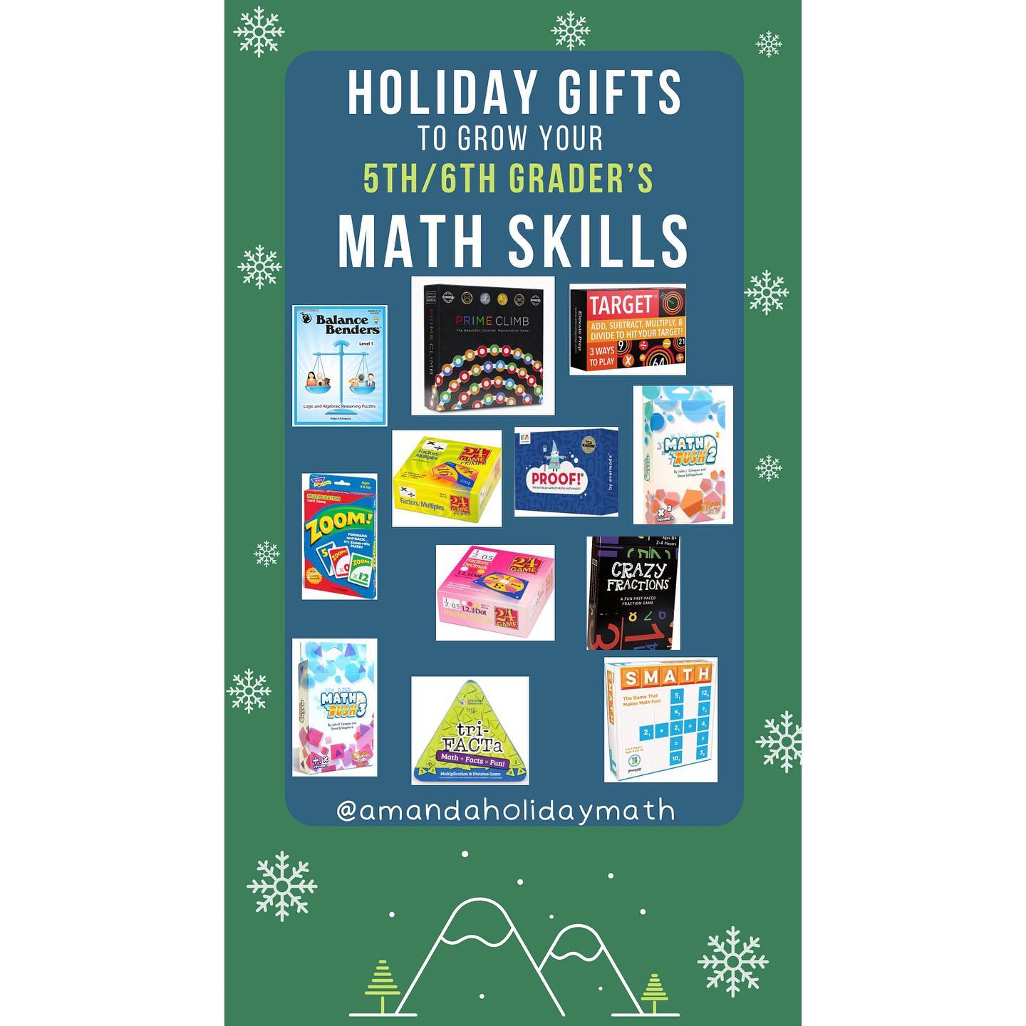 🎁 5th/6th Grade Math Game Guide 🎁
I love finding ways to play games and have fun with my kids while sneaking ways to engage their brains in mathematical concepts! With Black Friday here and the holidays coming up, I figured I’d share some of my favorite toys, games, and activities you could gift to your child this year that will build their math skills!
Here are some of my 5th/6th Grade favorites:
1. Balance Benders Level 1 +
2. Prime Club
3. Target
4. Zoom
5. 24 Game: Factors and Multiples
6. Proof!
7. Math Rush 2
8. 24 Game: Fractions and Decimals
9. Crazy Fractions
10. Math Rush 3
11. Tri Fact A Multiplication and Division
12. Smath
#giftguide #itsbeginningtolookalotlikechristmas #christmasgiftguide #mathgamesforkids #mathgames #singaporemath #dimensionsmath #preteengifts #preteengiftguide